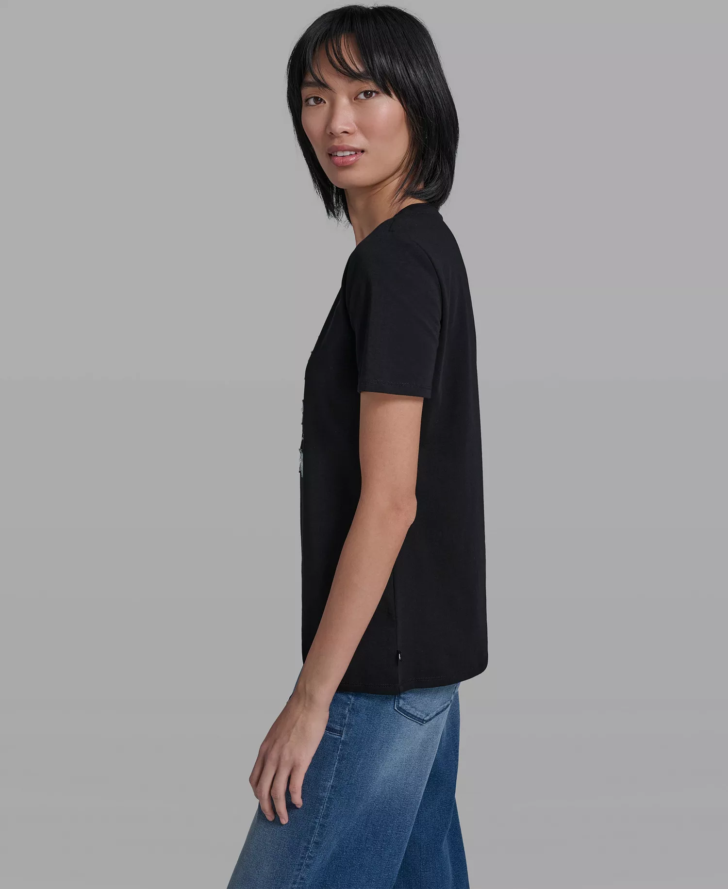 Women's Crew Neck Denim Flower T-Shirt - Black - L