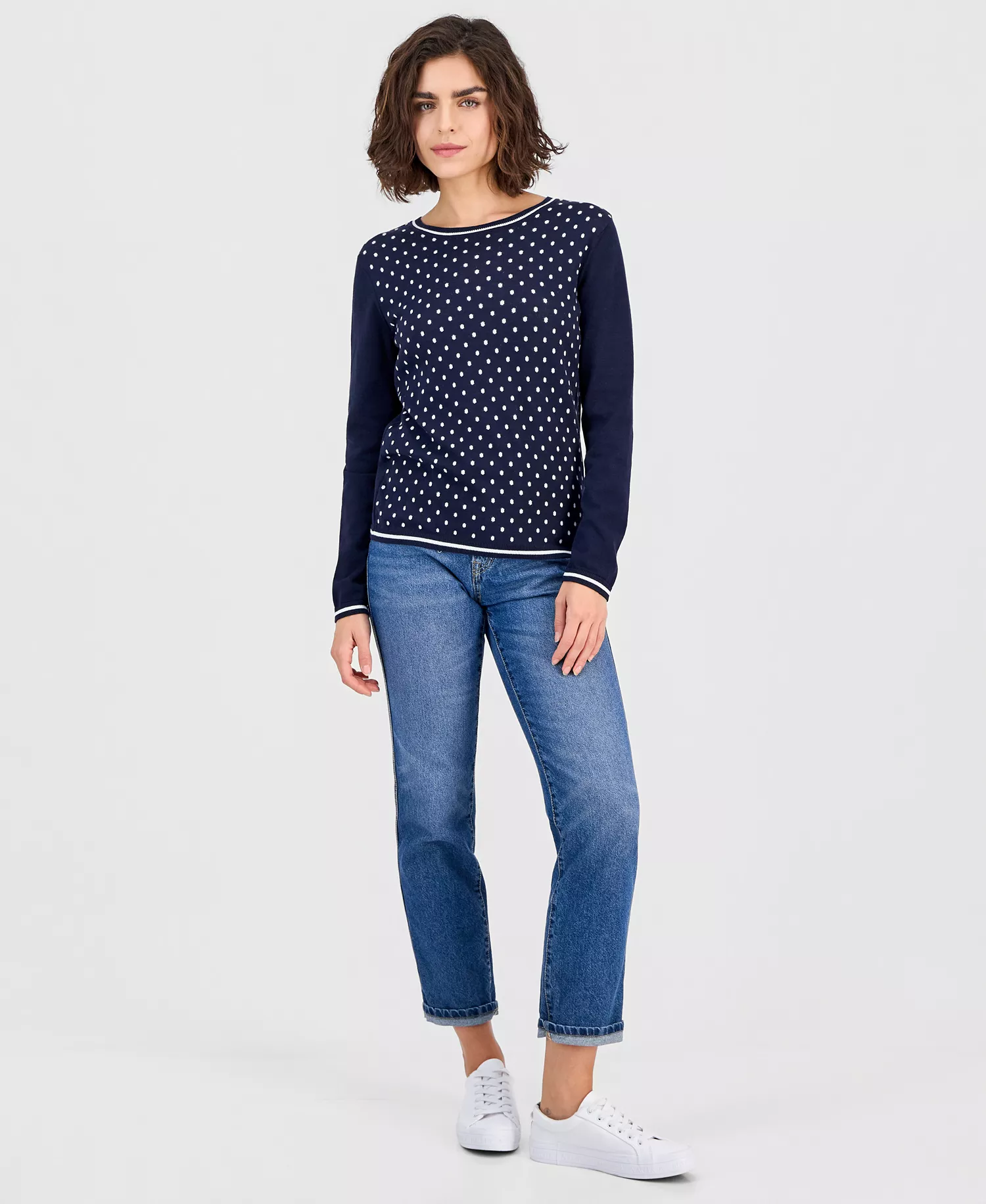 Nautica Women's Cotton Dot Crewneck Sweater - Night Sky/ Ivory - L