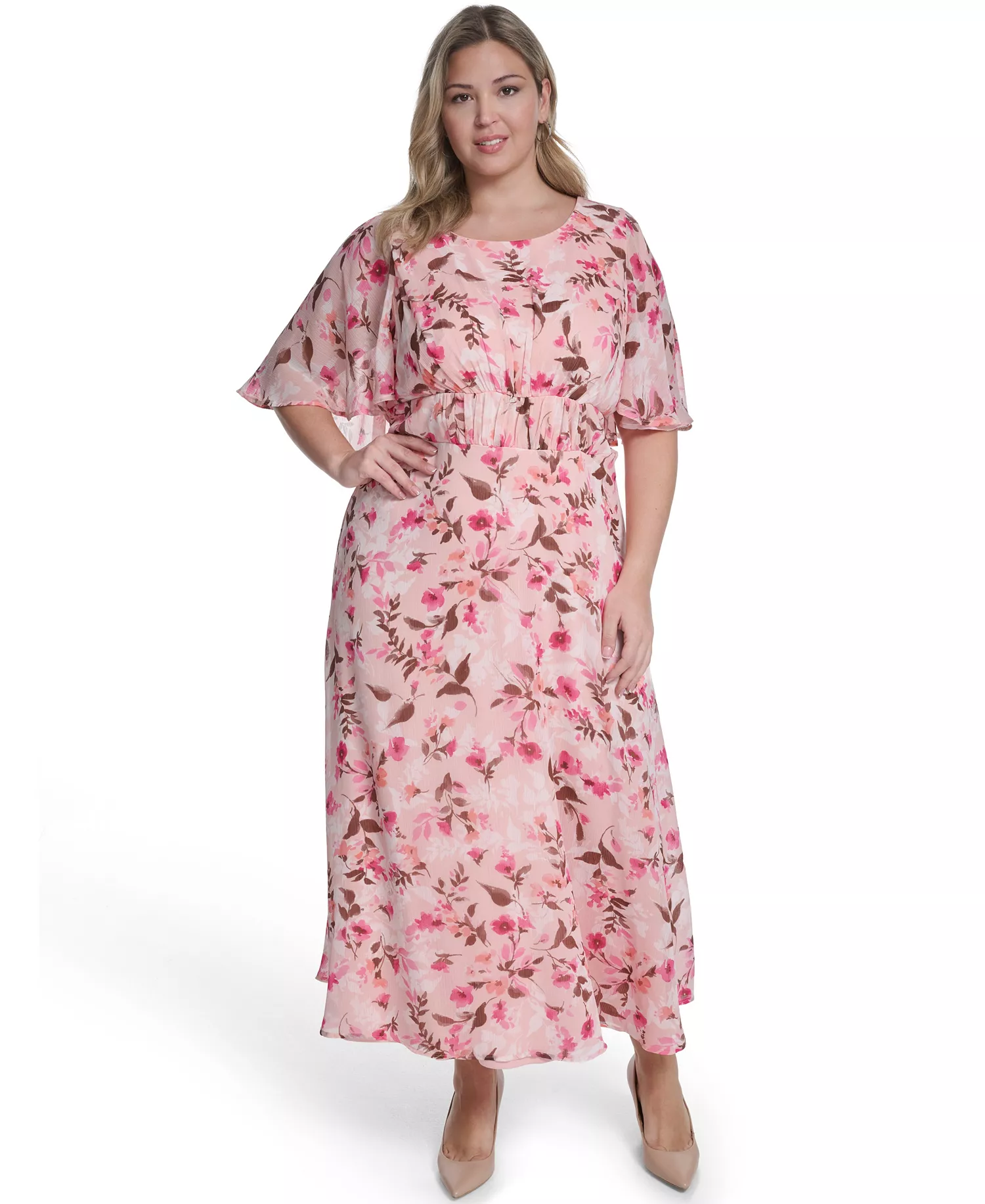 Plus Size Smocked Waist Cape-Sleeve Dress - Blossom Multi - 14W
