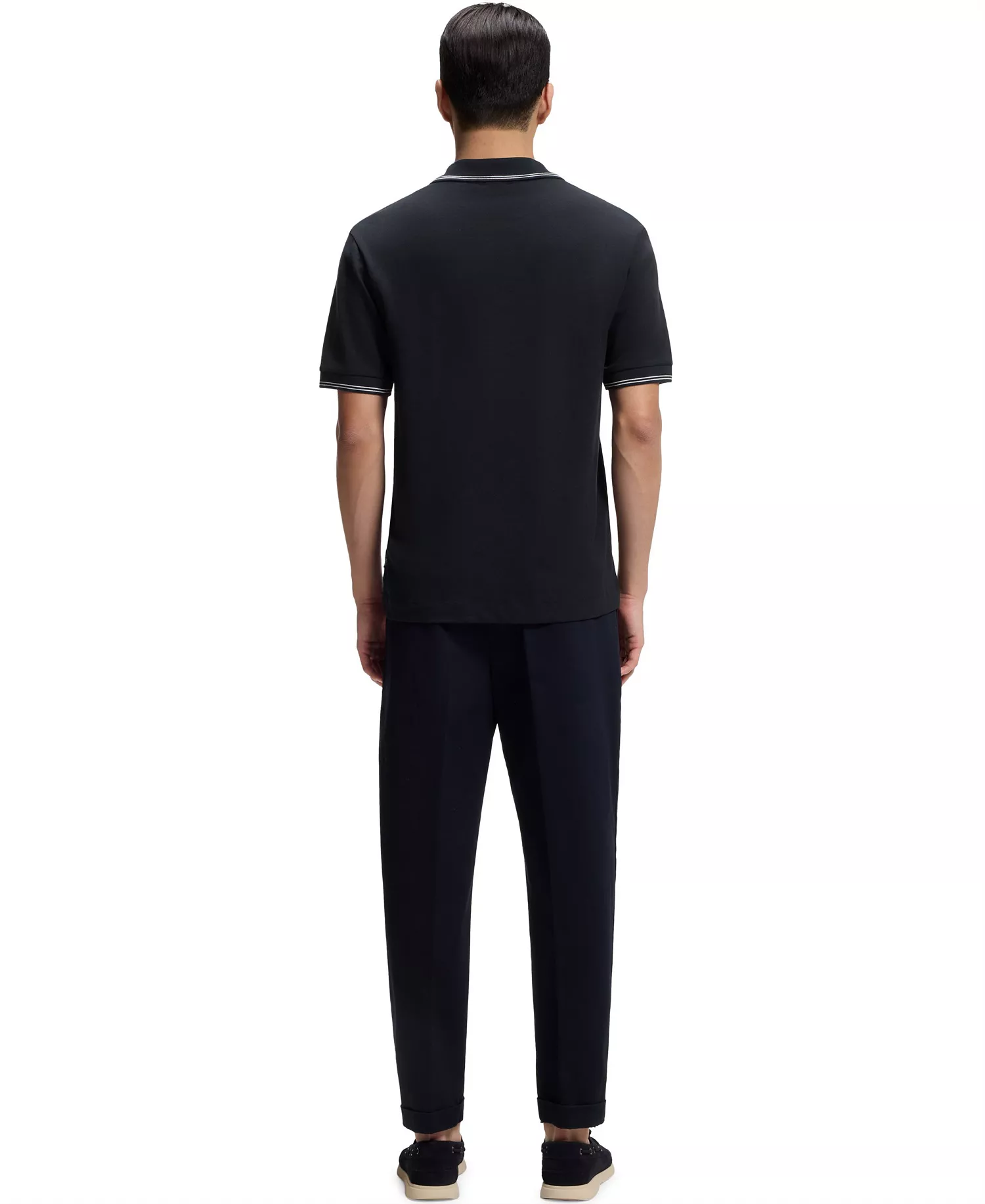 Men's Cotton-Linen Johnny Collar Polo Shirt - Dark Blue - L