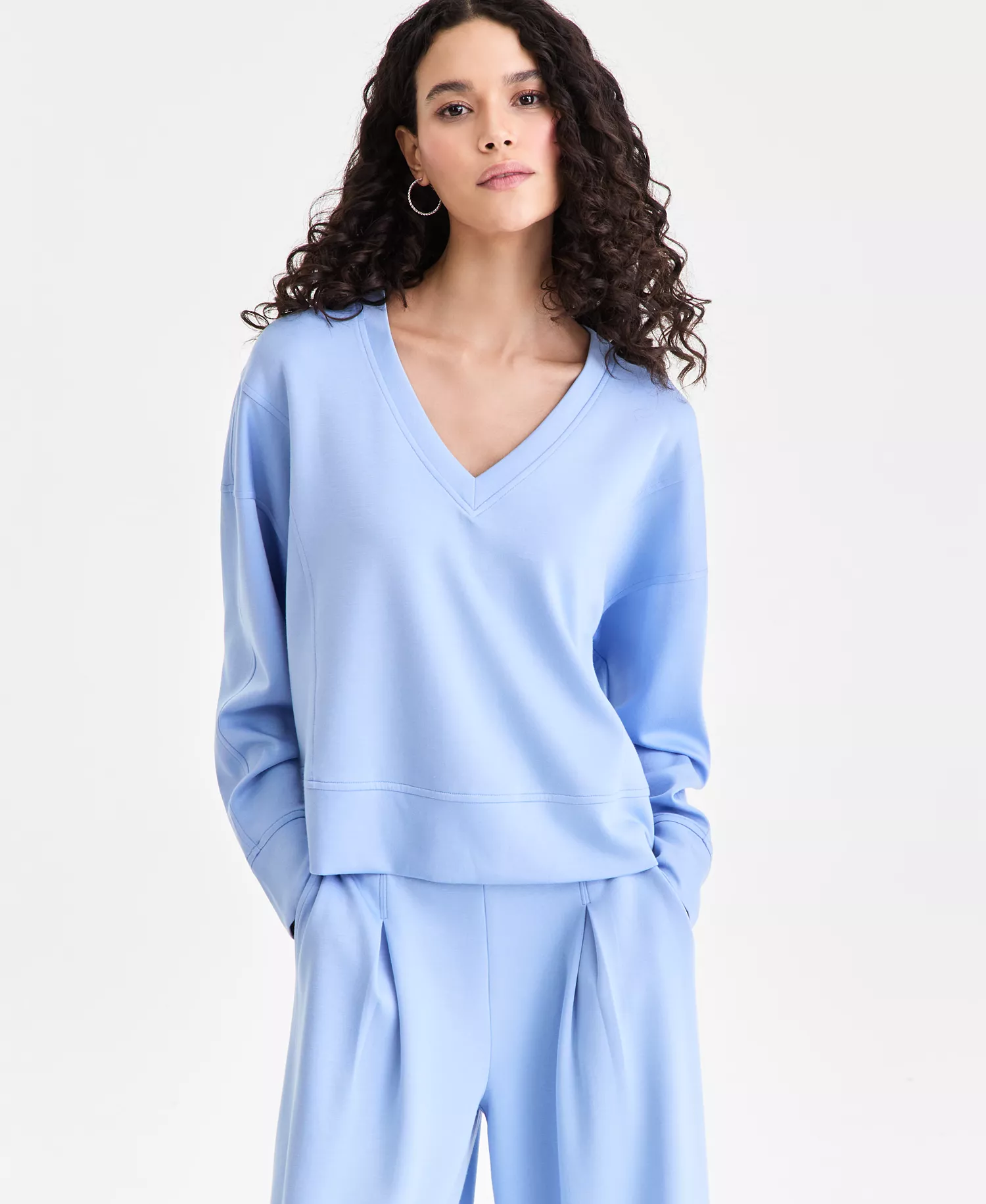 Women's Long Sleeve V-Neck Sweatshirt, Macy's Exclusive - Air Blue - L