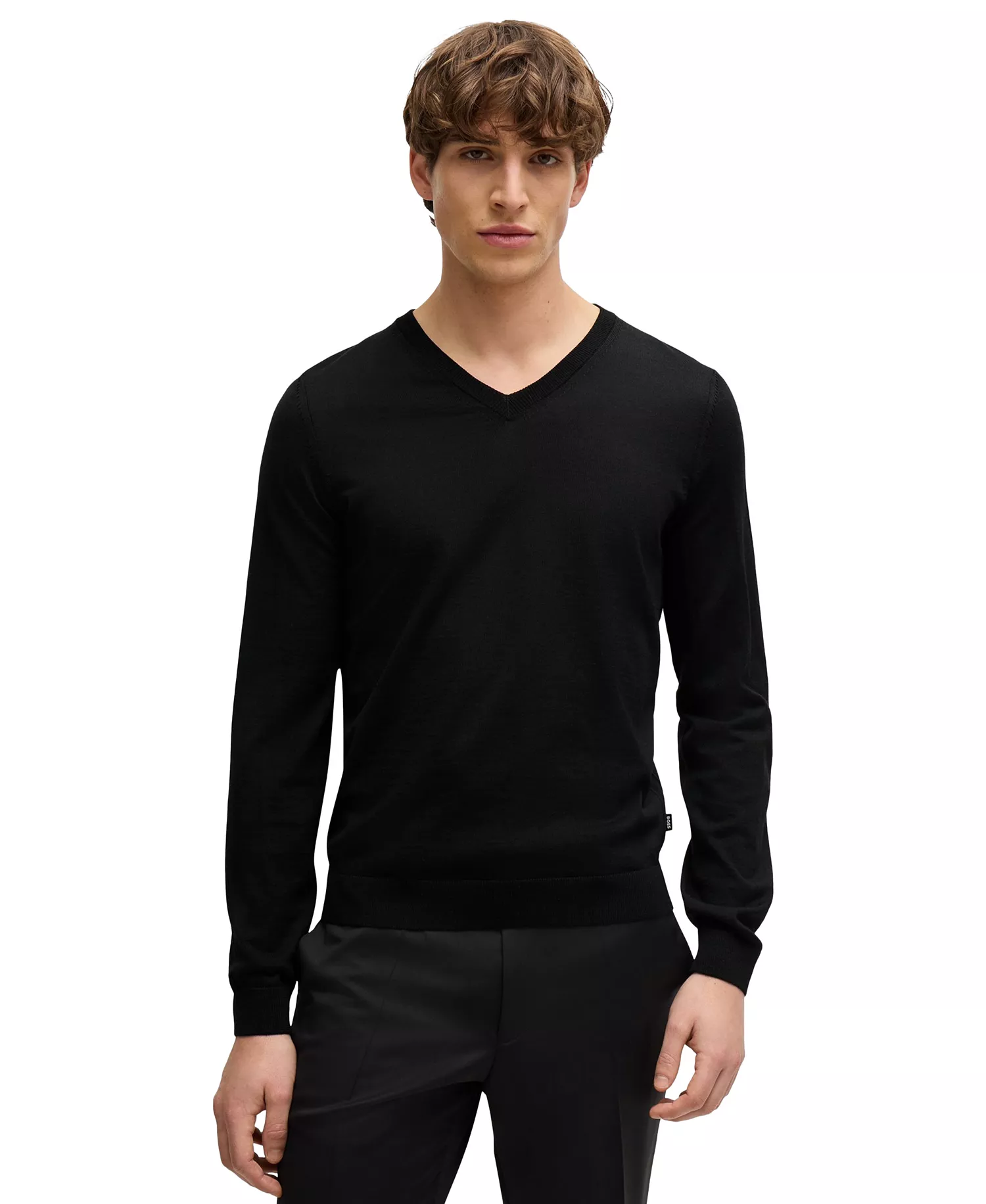 Men's Slim-Fit Merino Wool V-Neck Sweater - Black - 2XL