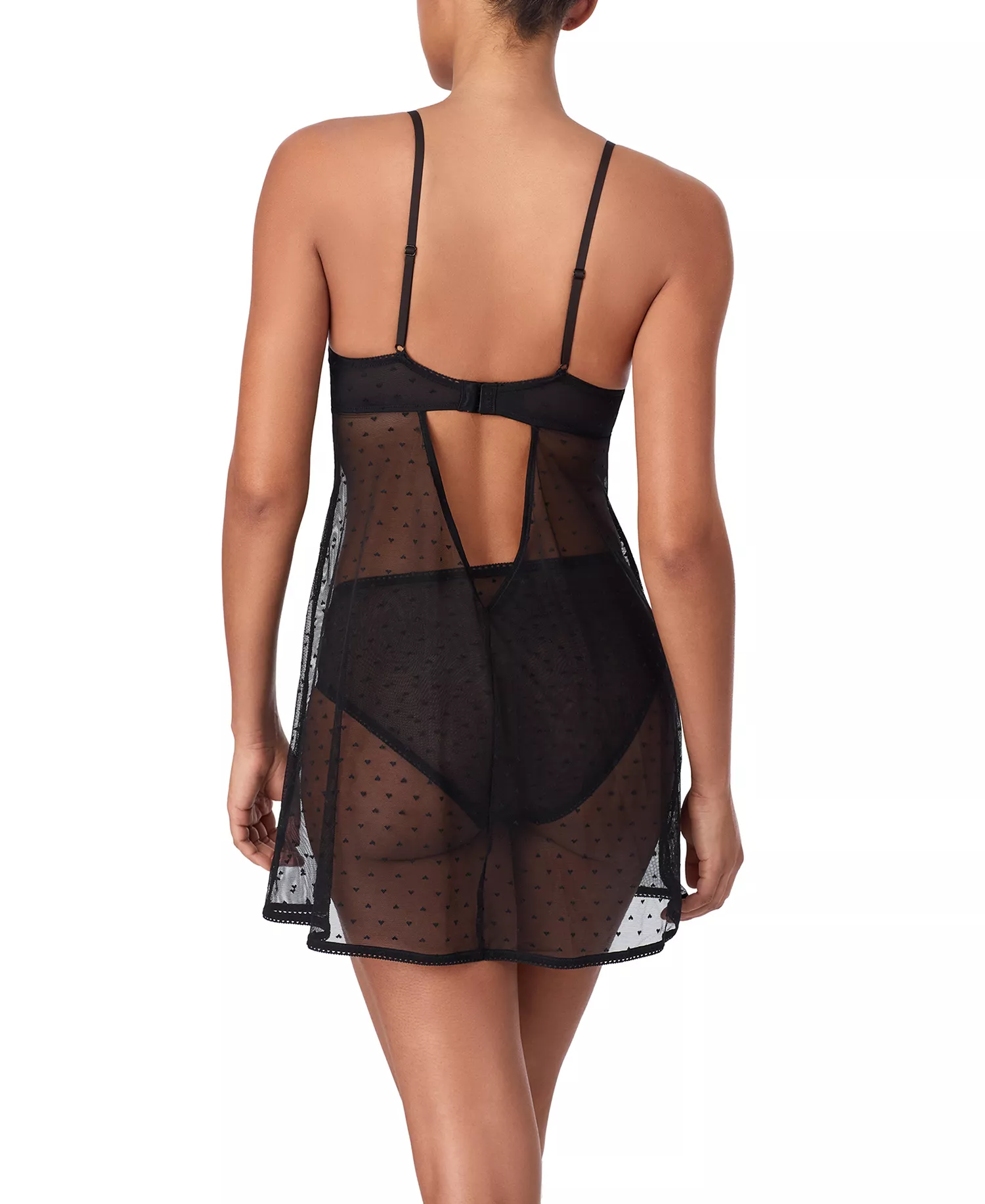 Women's Heart Mesh Babydoll Chemise - Black - L