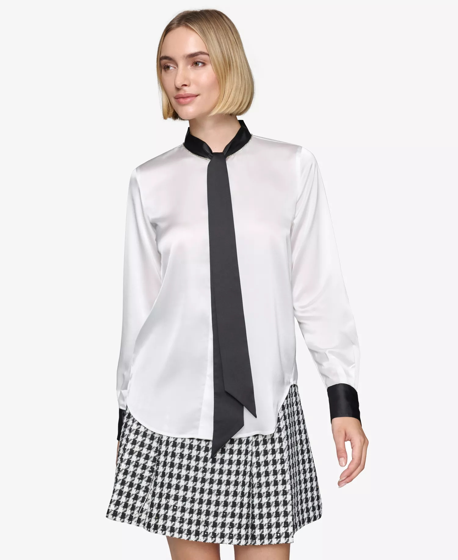 Women's Tie-Neck Long-Sleeve Satin Blouse  - Soft White - L