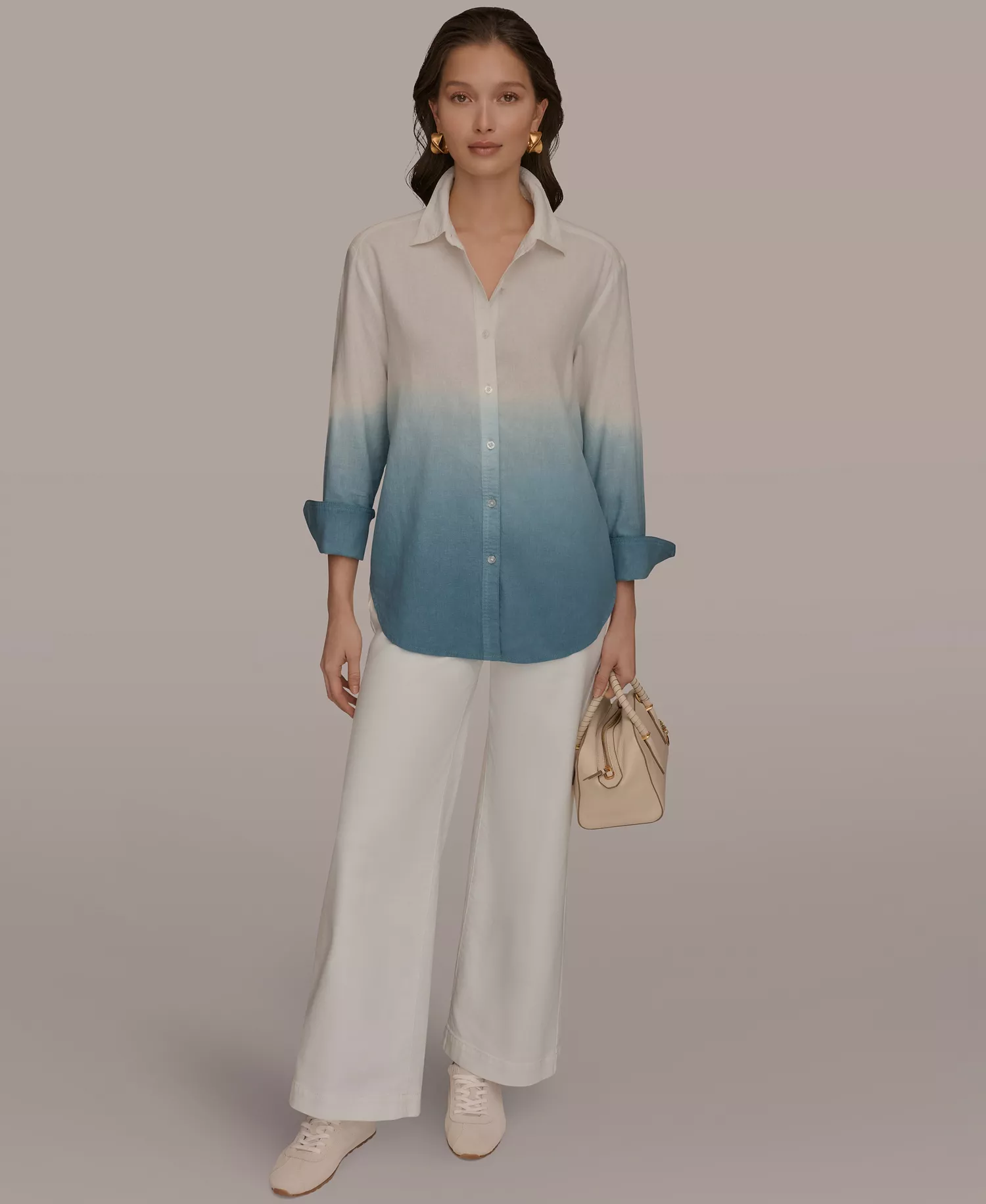 Women's Linen Dip Dye Long Sleeve Button Front Shirt - Washed Indigo Dip Dye - L