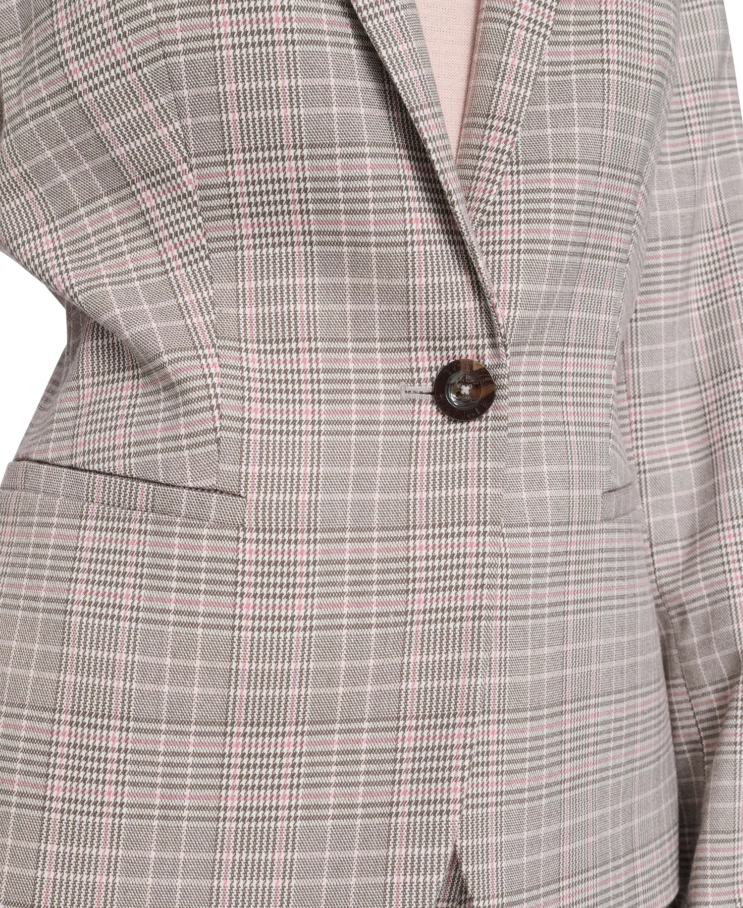 Women's Plaid One Button Blazer Jacket, Floral Clip Draped Crew Neck Top, and Plaid Sloane Ankle Pants - Pale Pink Multi - 0