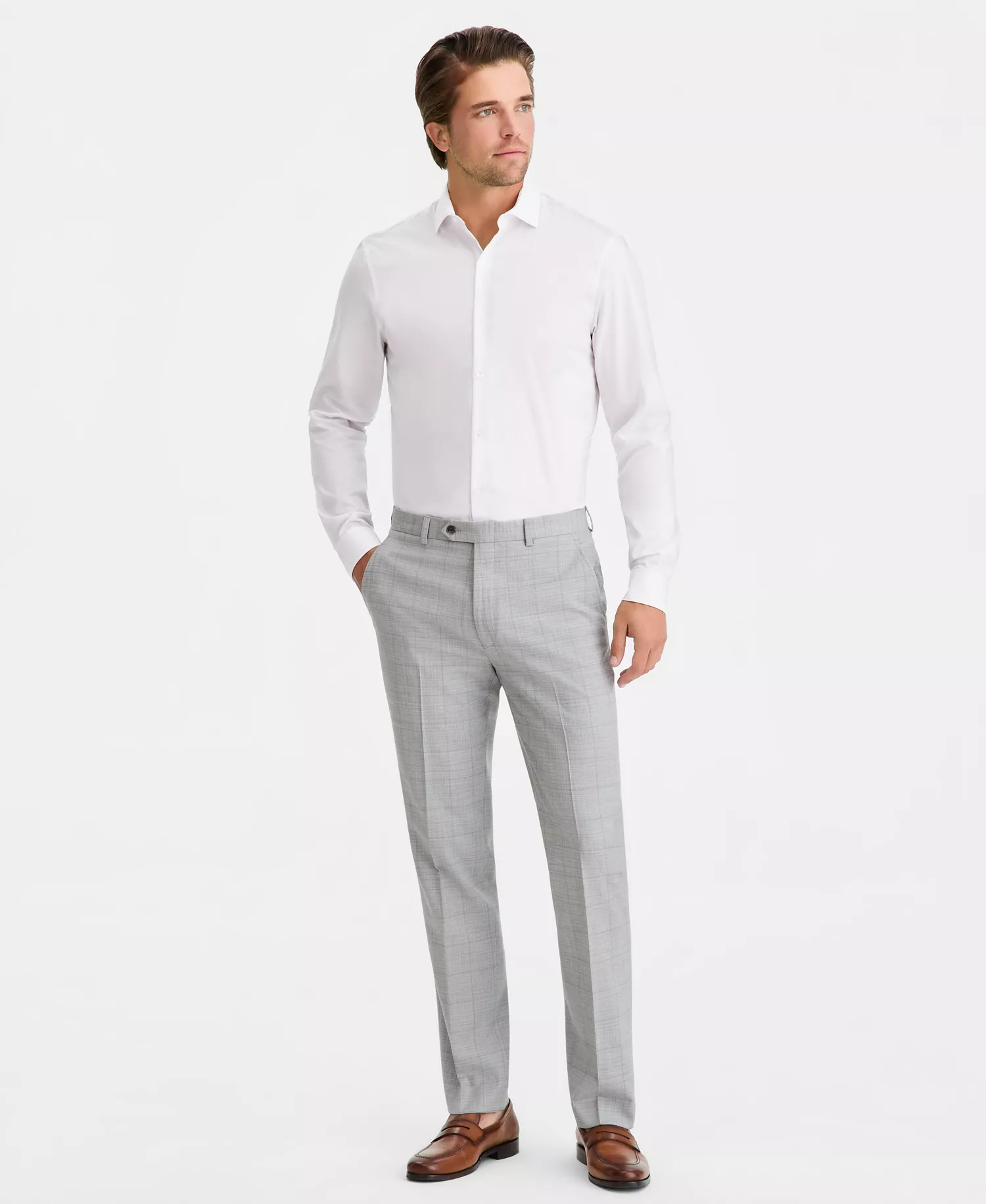 Men's Slim-Fit Windowpane Wool-Blend Suit Separates Pants - Light Grey Windowpane - 28x29