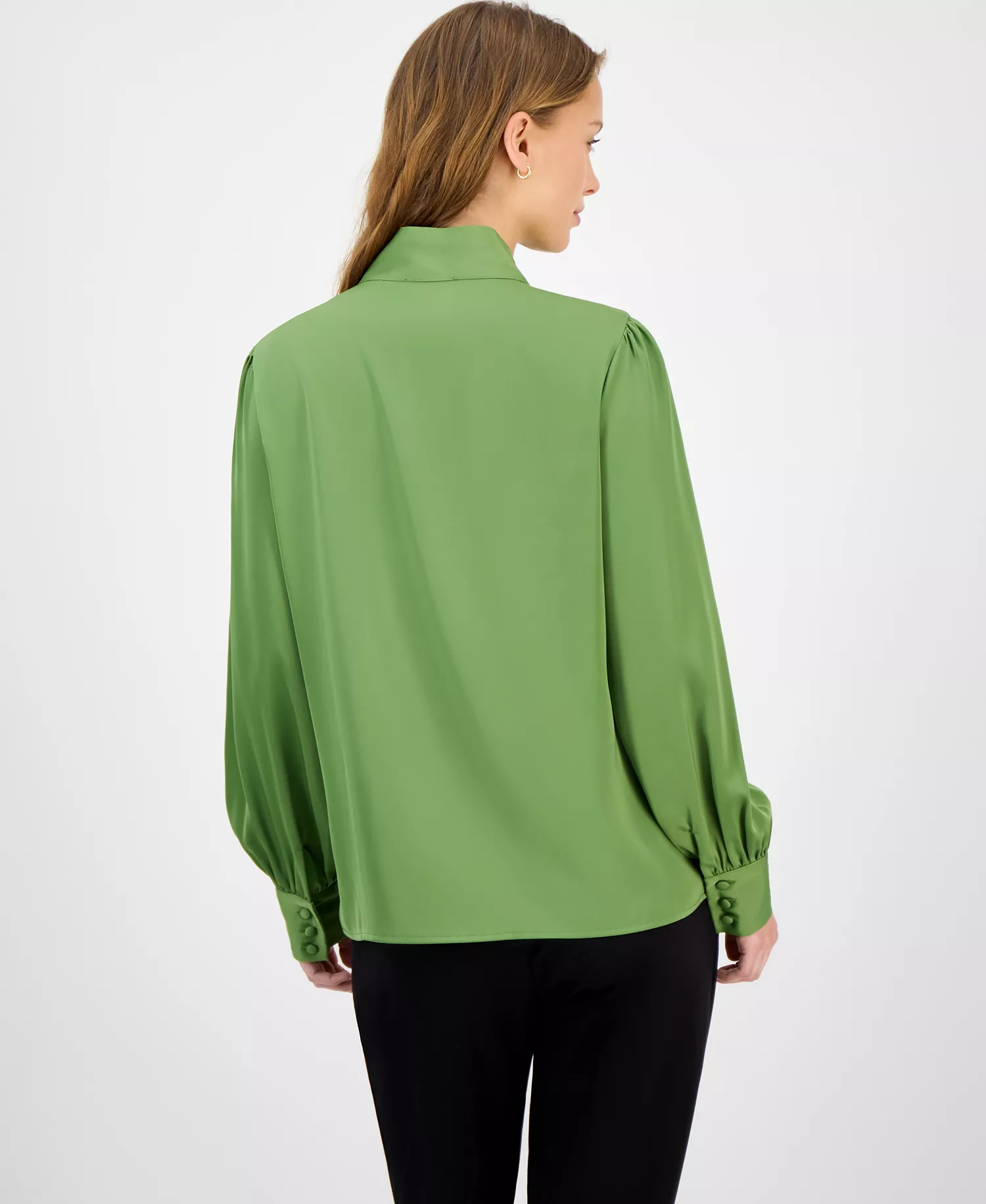 Women's Bow-Neck Tie Blouse - Forest Moss - L