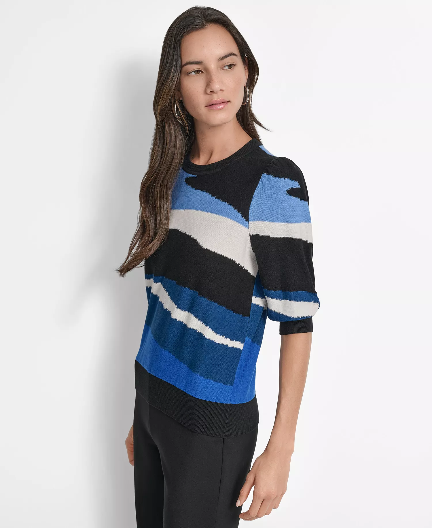Women's Cotton Printed Elbow-Sleeve Sweater - Cadet Blue Multi - XS