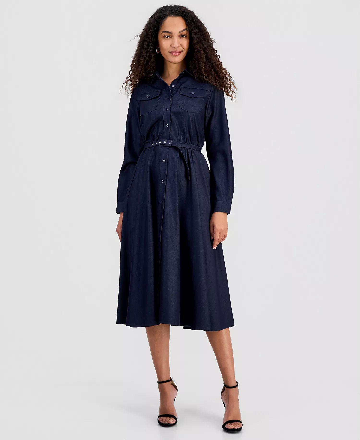 Women's Belted Button Long-Sleeve Fit & Flare Dress - Denim - 10