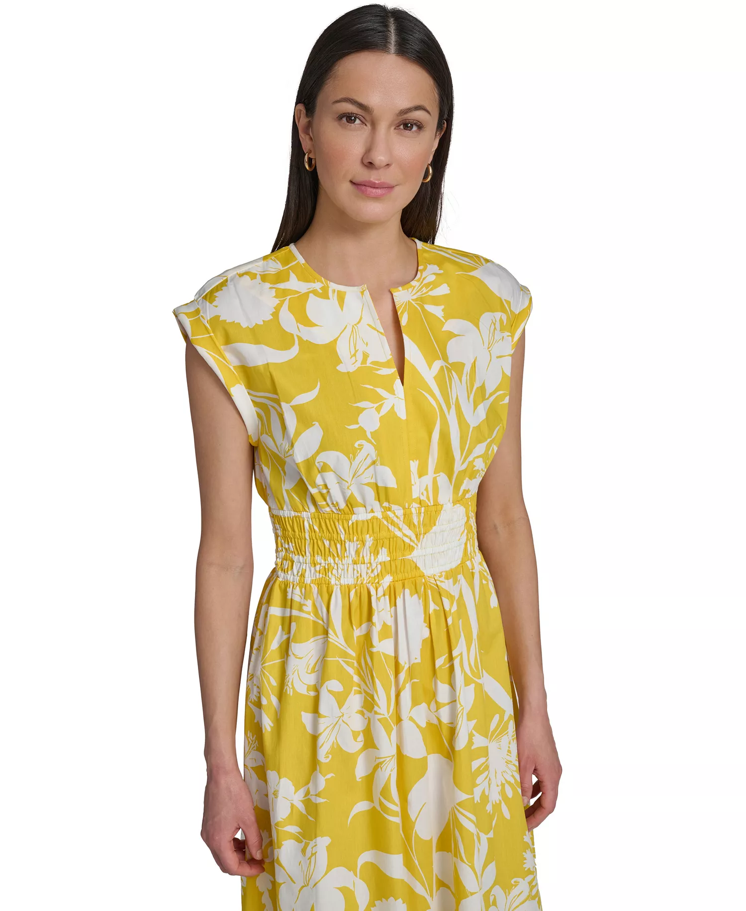 Women's Floral Smocked A-Line Midi Dress - DAFFODIL/CREAM - 10