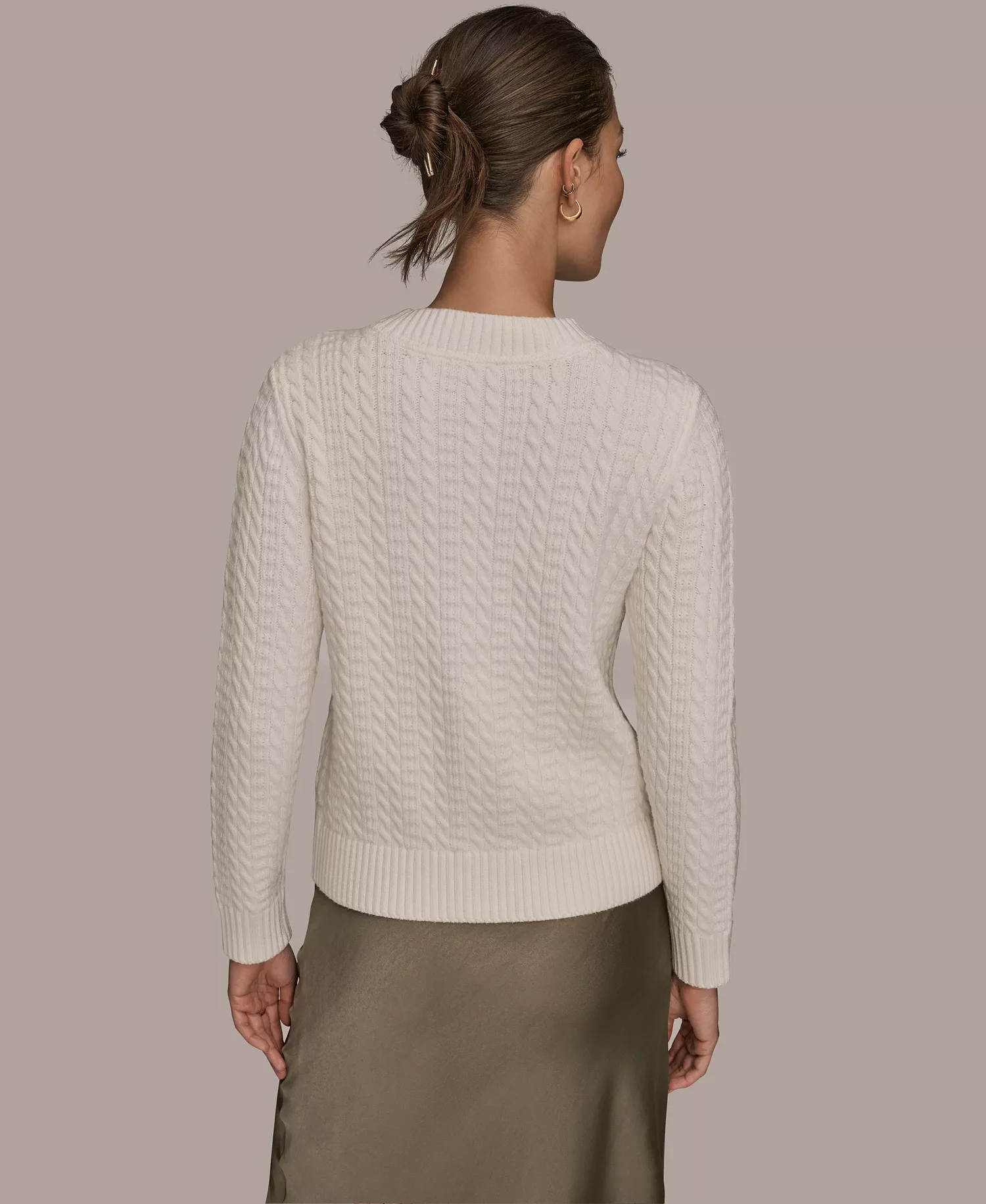 Women's Long Sleeve Button Front Mixed Cable Cardigan - Cream - L