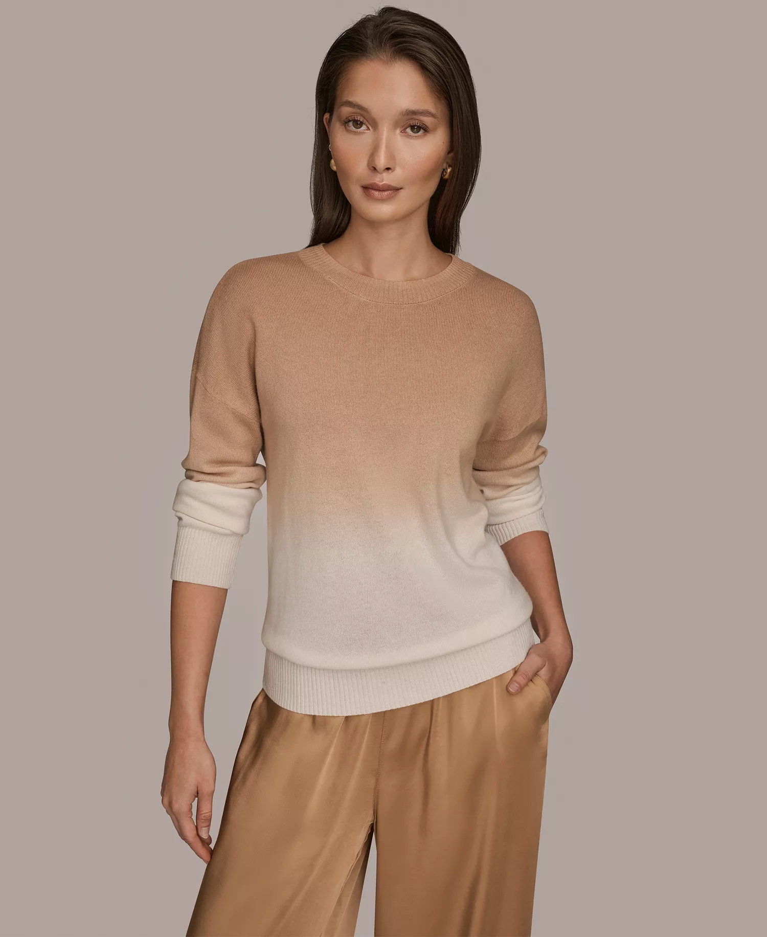 Women's Long Sleeve Wool Cashmere Blend Dye Dip Sweater - Cream/Fawn - L