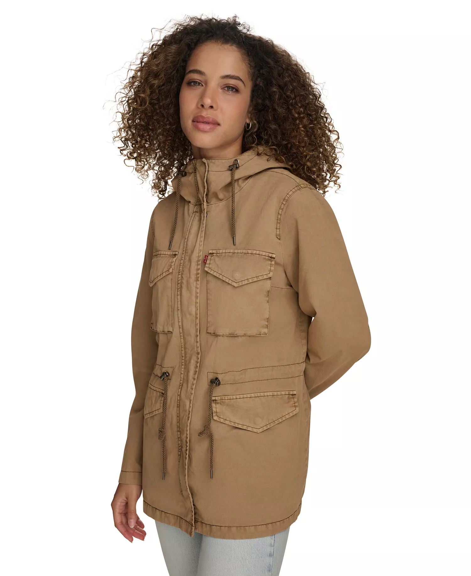 Women's Lightweight Washed Cotton Military Jacket - Camel - L