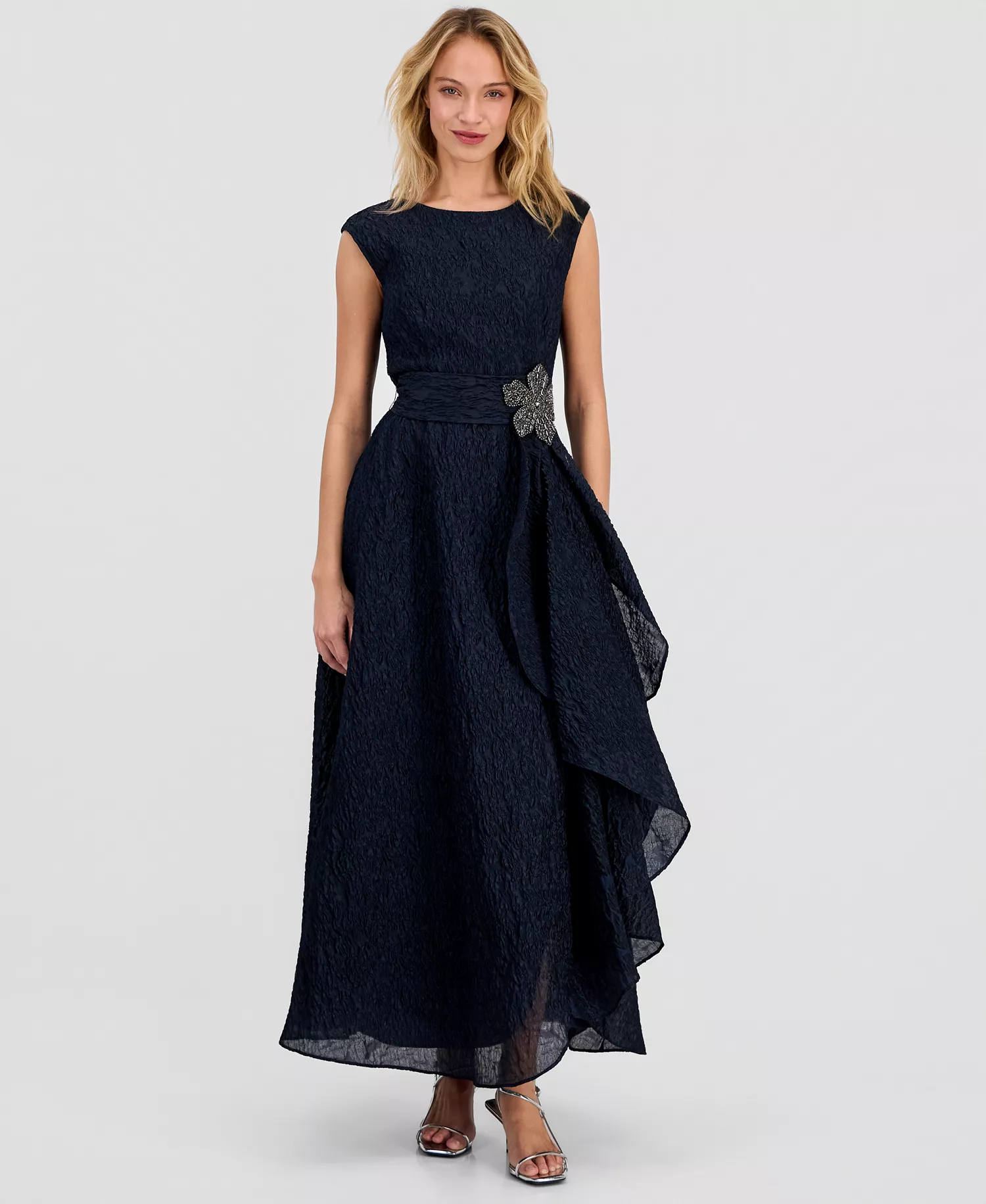Women's Crinkle Taffeta Beaded Flower Gown - NAVY - 10