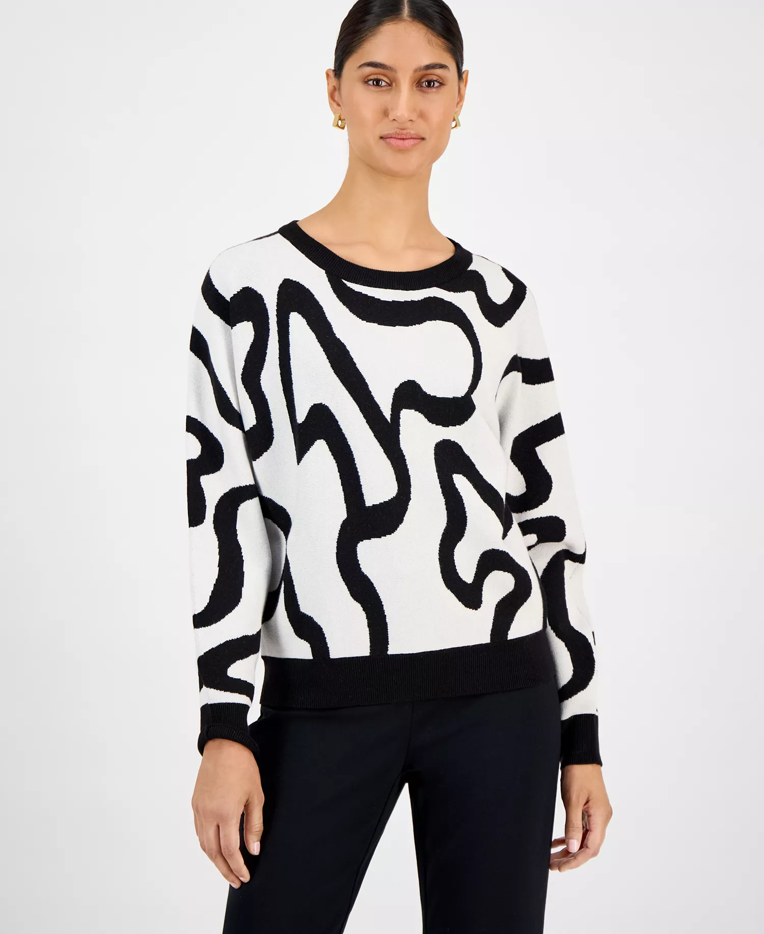 Women's Squiggle Jacquard Crewneck Sweater - Black/cream - L