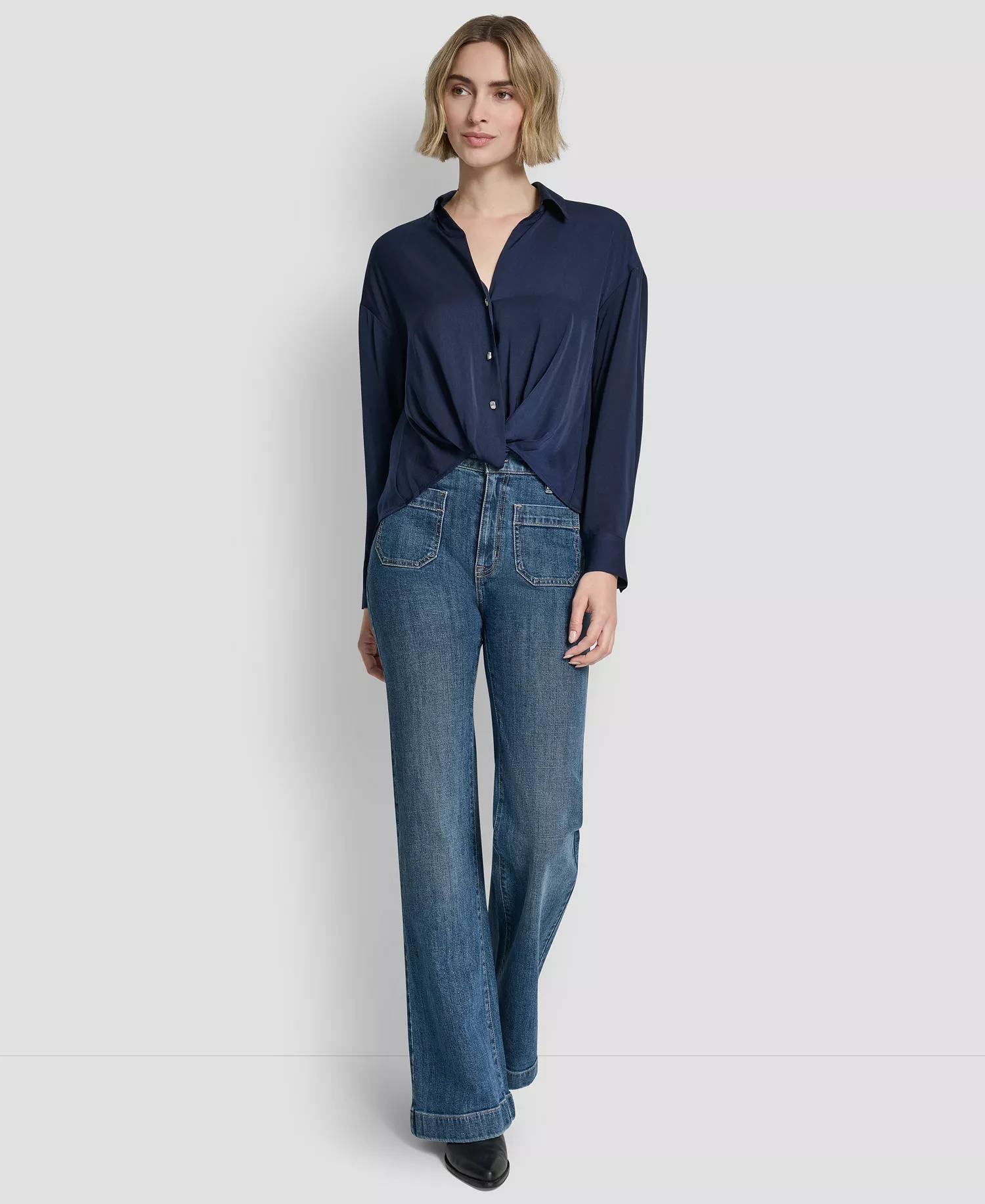 Women's Long-Sleeve Rhinestone Button Front Shirt With Twist Hem - Peacoat - L