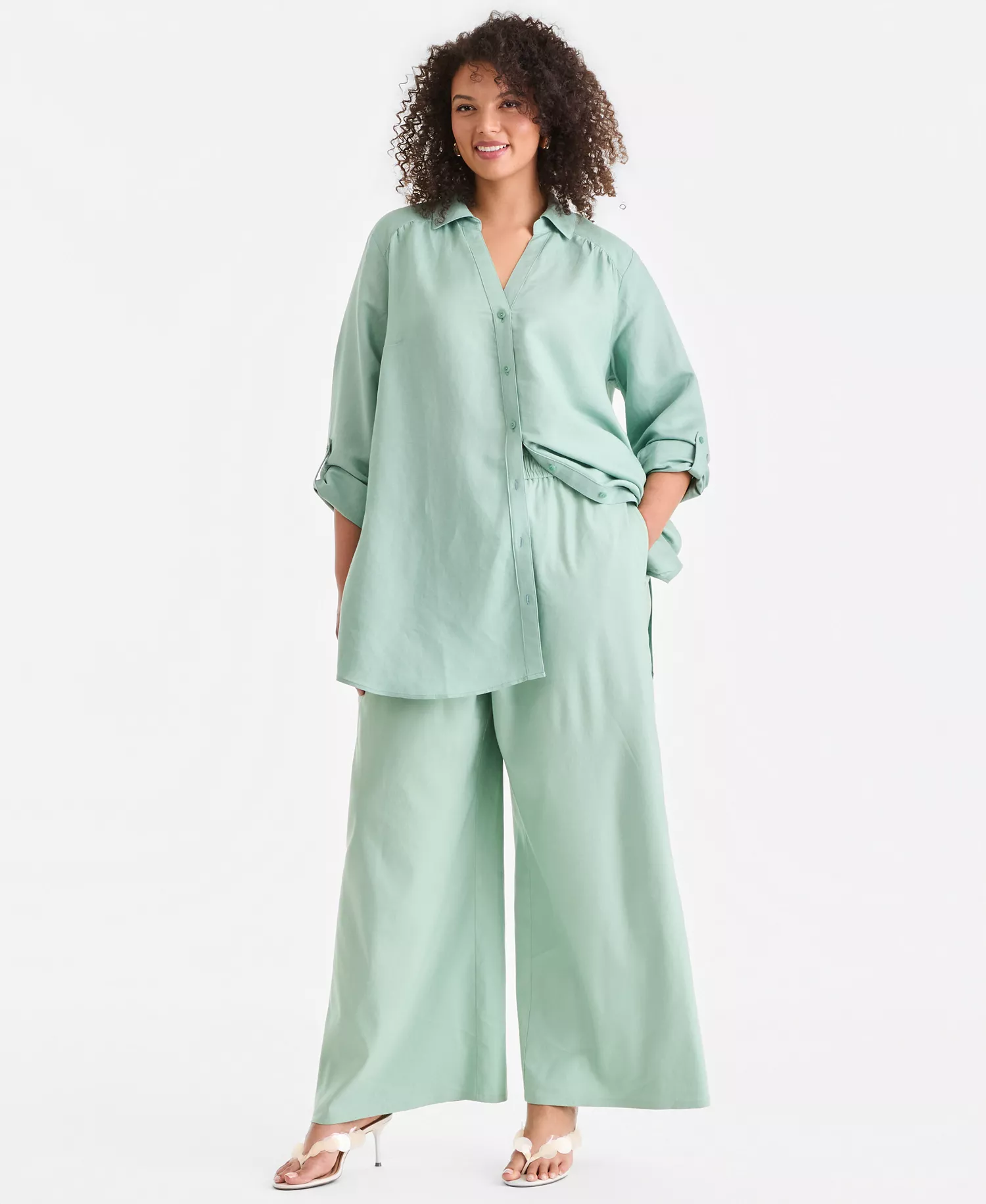 Plus Size Linen-Blend Tunic, Exclusively at Macy's - Faded Moss Green - 0X