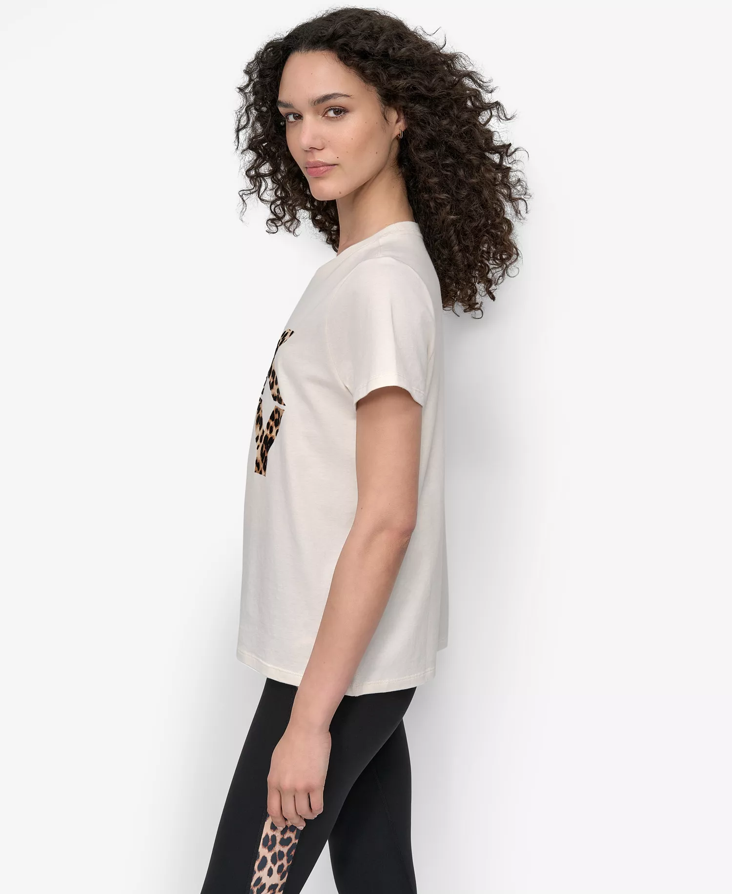 Women's Stacked Animal Print Crew Neck T-shirt - Eggng/Black Whiskey - XXS