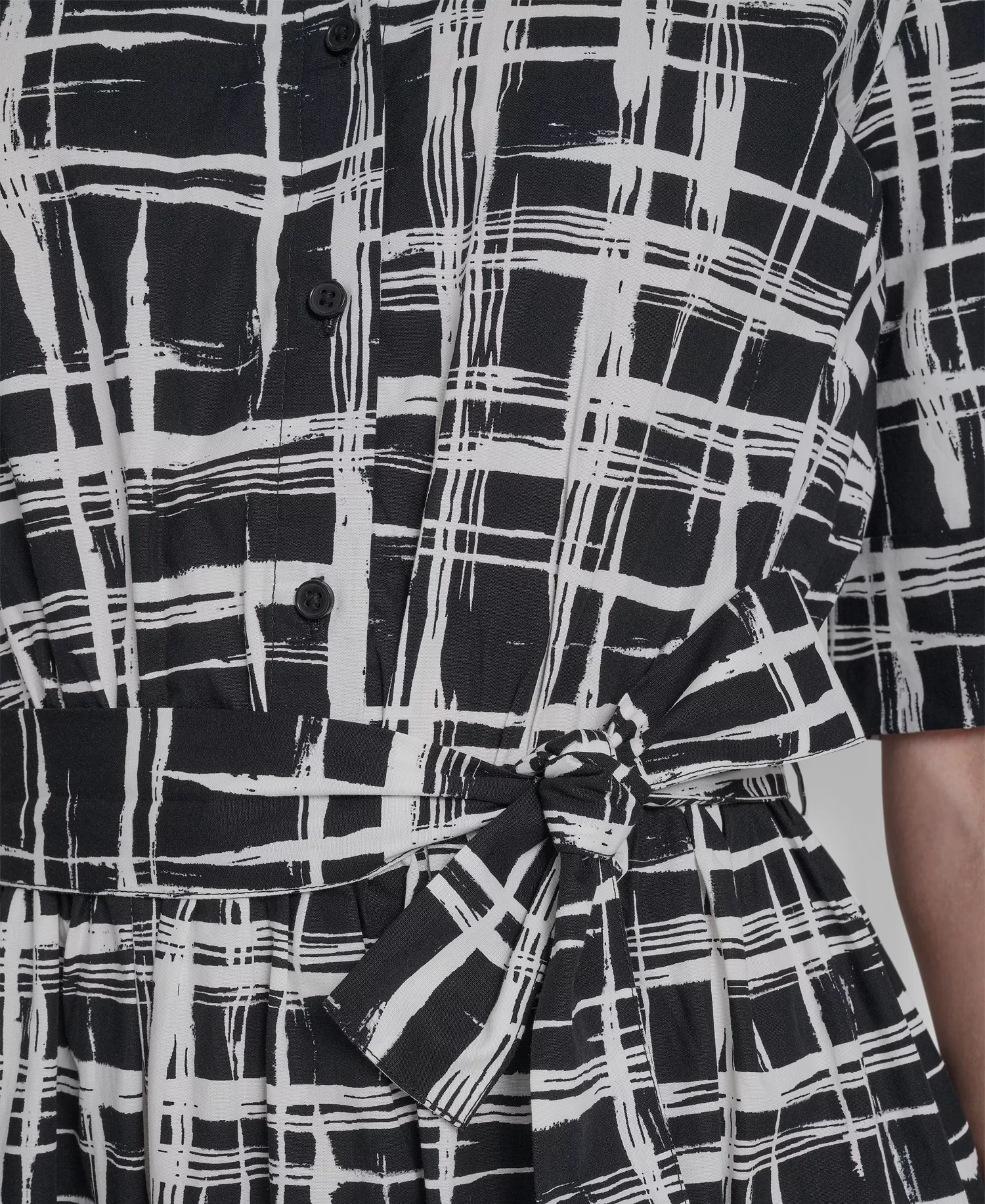 Women's 3/4-Sleeve Collared Neck Cotton Midi Shirt Dress - Black/Ivory - 10