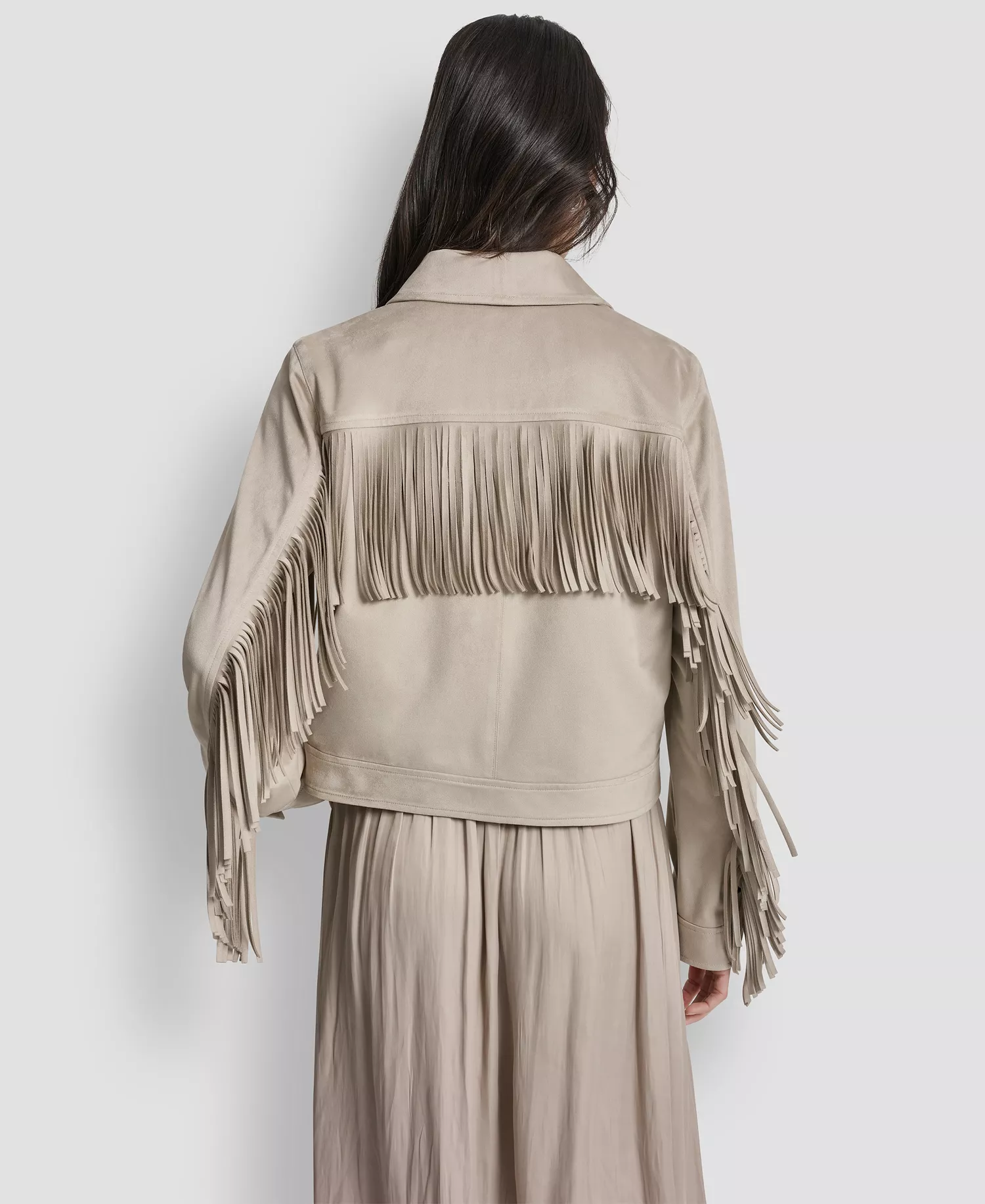 Women's Collared Fringe Suede Jacket - Pebble - L