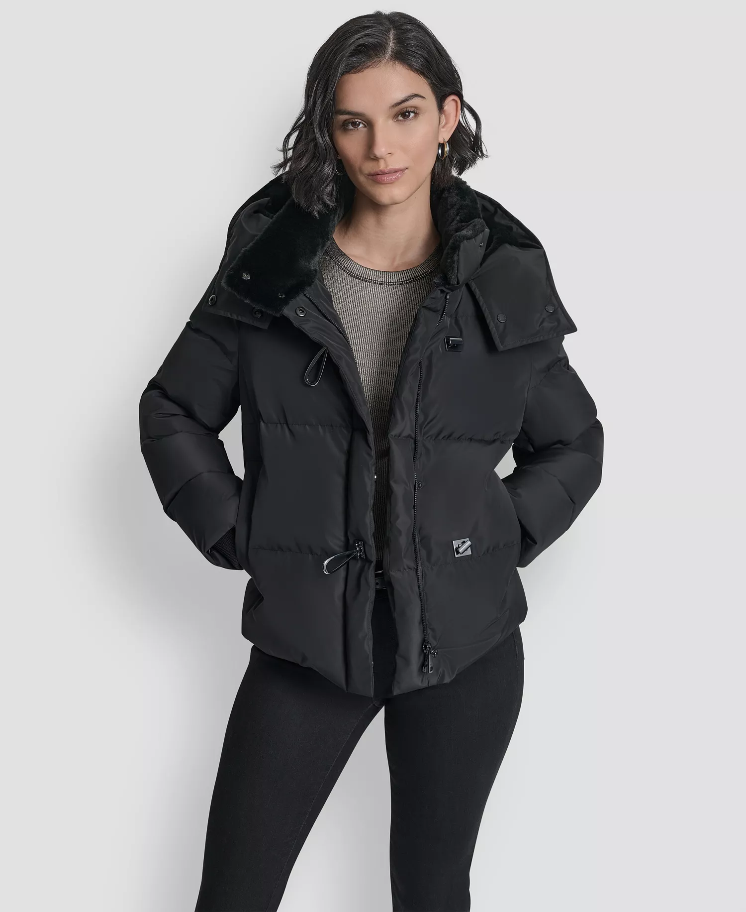 Women's Shirt Toggle Hooded Puffer Coat - Black - L