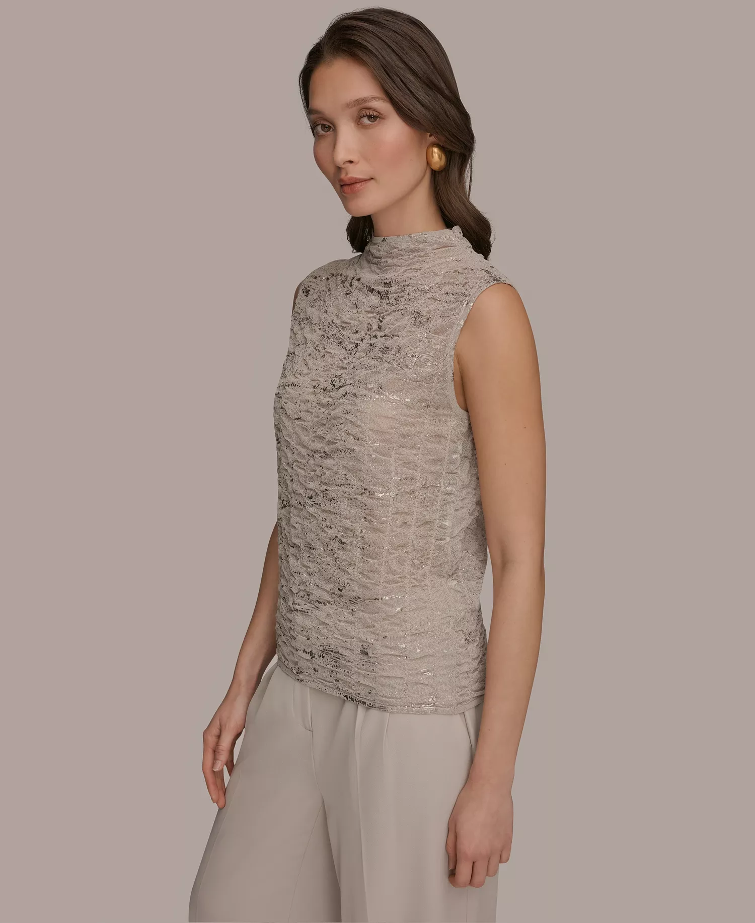 Women's Mock Neck Foil Printed Ruched Sweater - Tuscan Gray - L