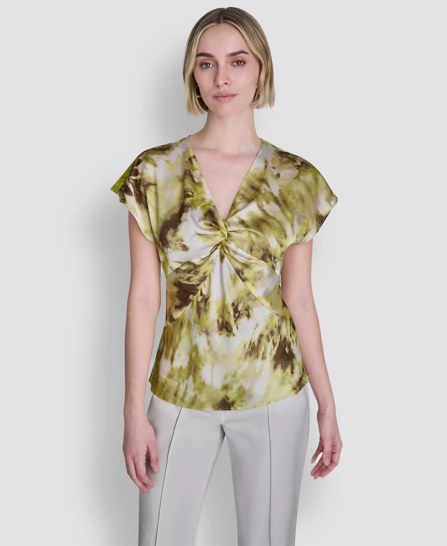 Women's Printed Woven Short-Sleeve V-Neck Blouse - Sage/limeade Multi - L