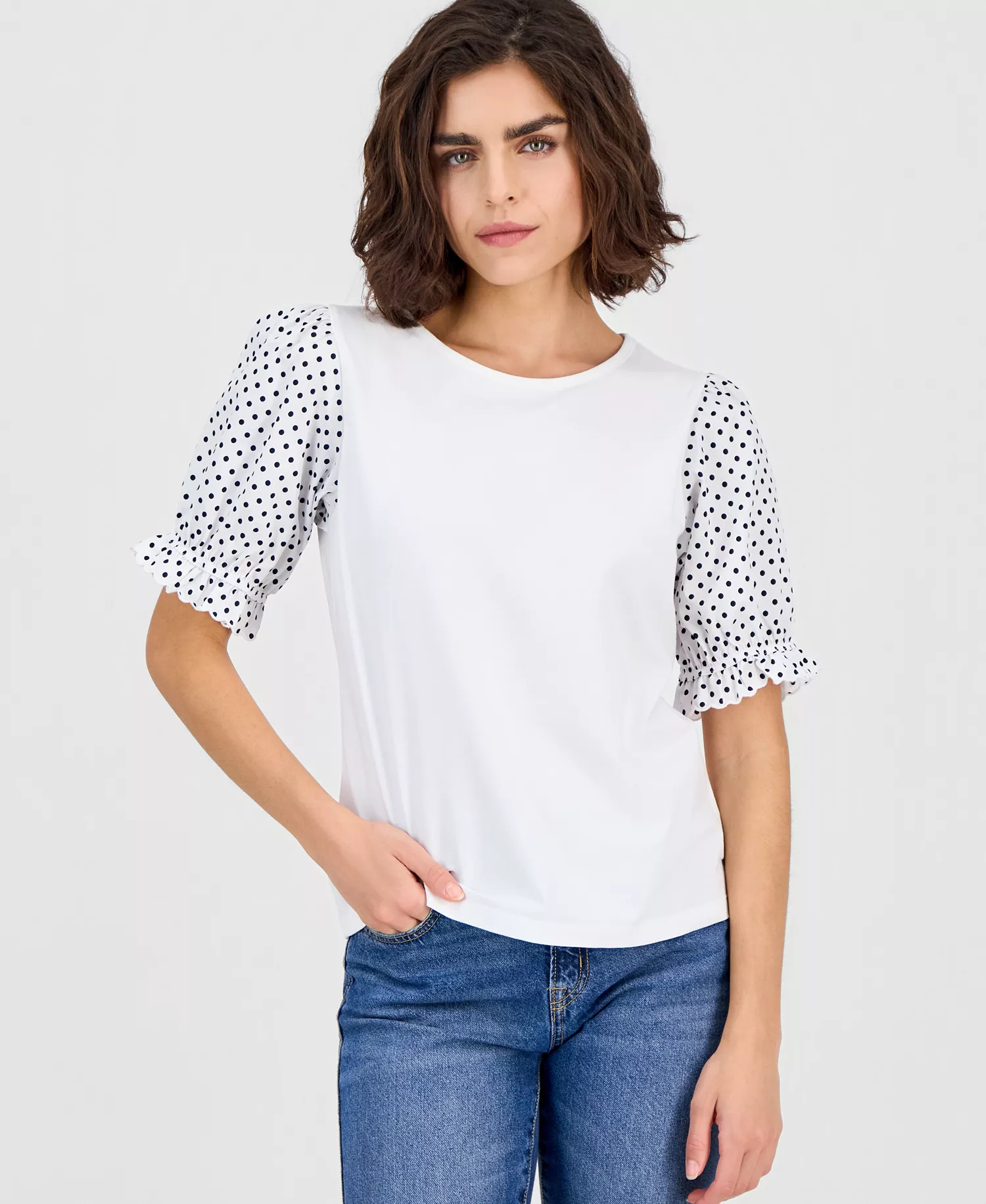 Nautica Women's Round-Neck Contrast-Puff-Sleeve Top - Bright White - L