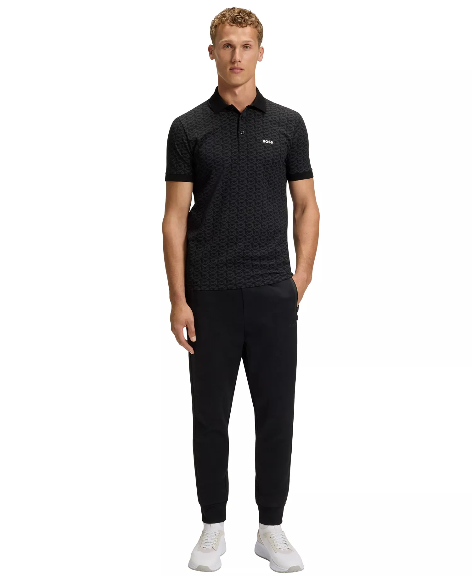 Men's Stretch Cotton Printed Paddy Polo Shirt - Black - M