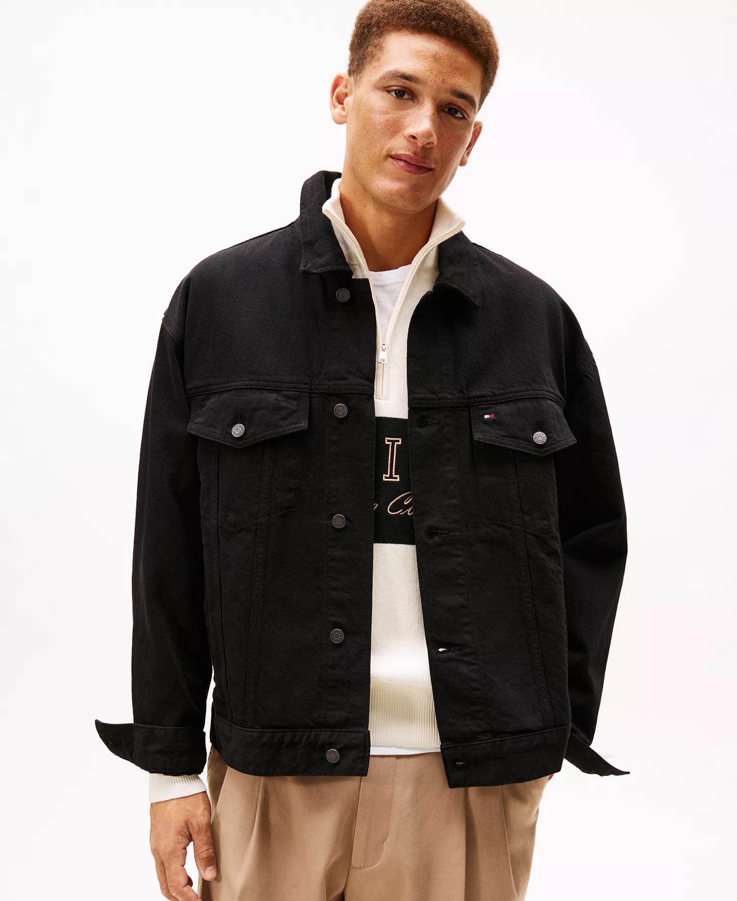Men's Relaxed Fit Trucker Jacket - Black - L