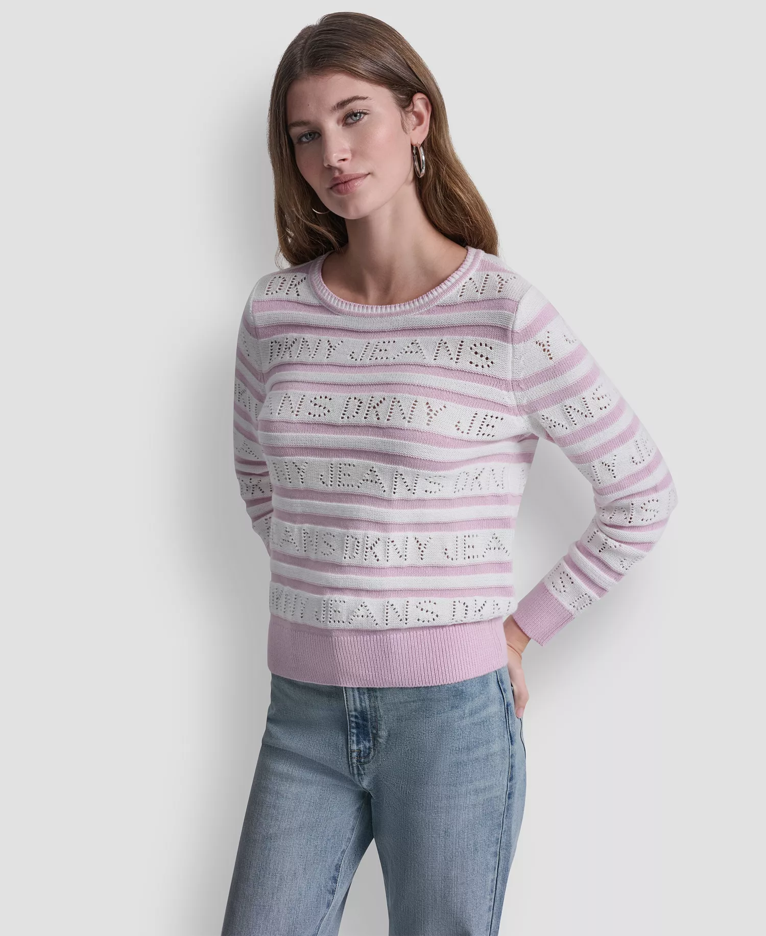 Women's Crewneck Logo Pointelle Striped Sweater - Ivory/pnk Lavender - L