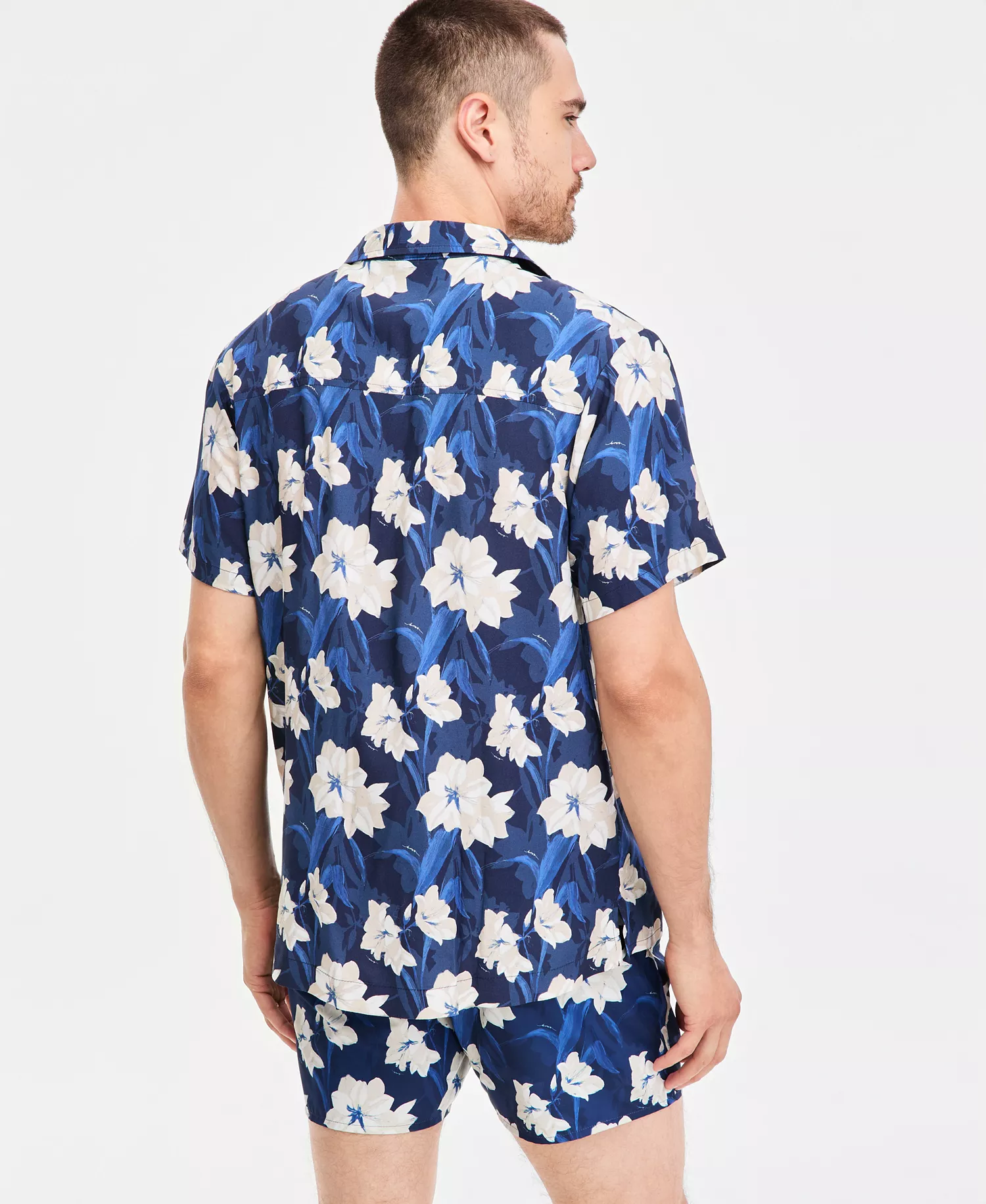 Men's Tropical Printed Button-Down Swim Shirt - Blue Floral - 2XL
