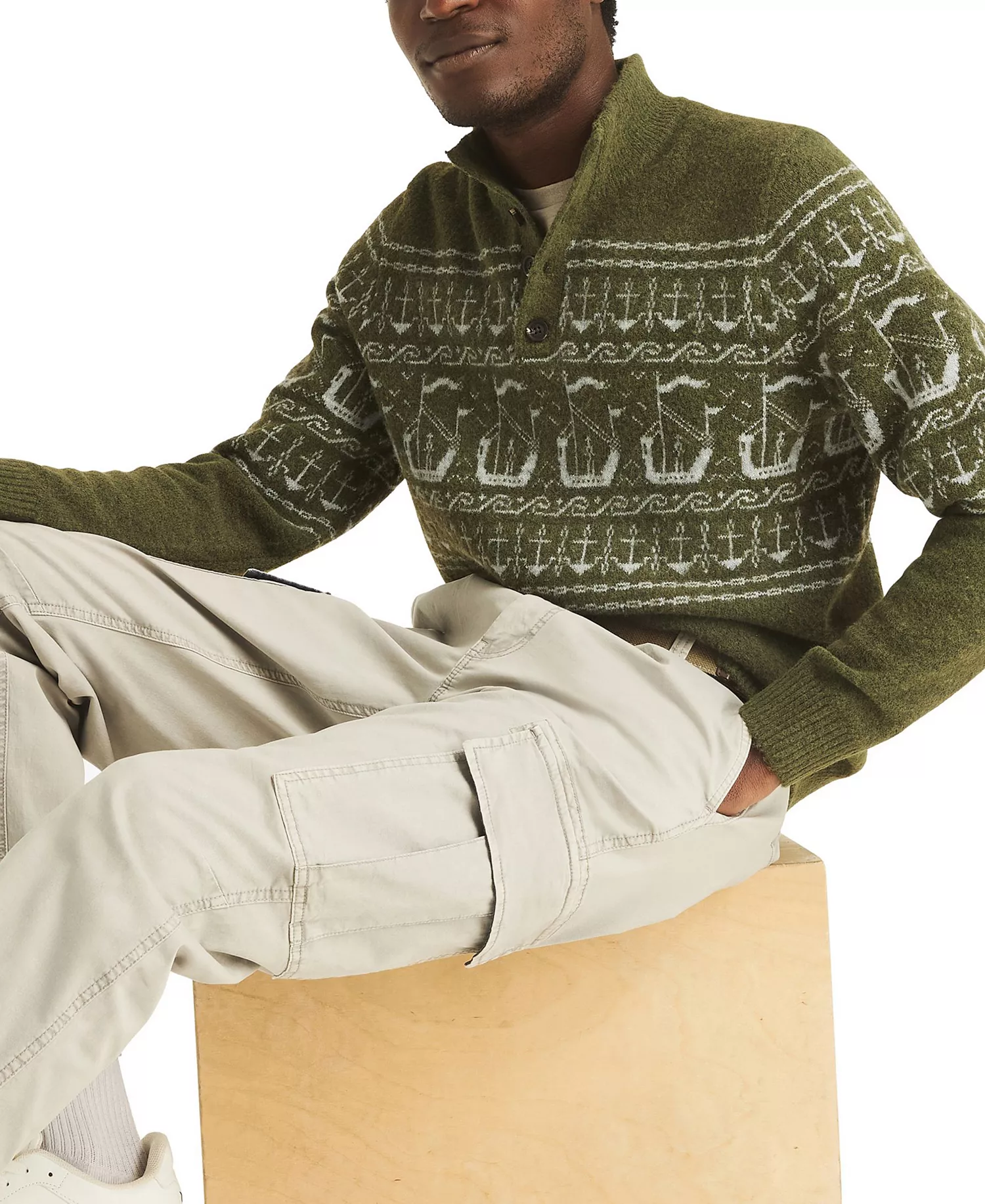 Men's Fairisle Button Up Mock Neck Sweater - Forest Night - 2XL