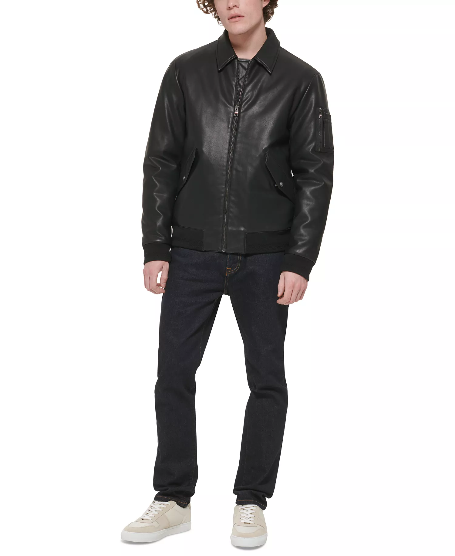 Men's Faux-Leather Bomber Jacket  - Black - L