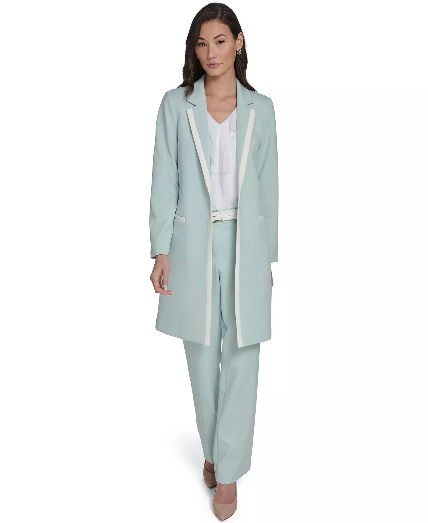 Women's Notch Collar Framed Topper Jacket and Solid Belted Bootcut Trousers - Harbor Gray/Ivory - 0