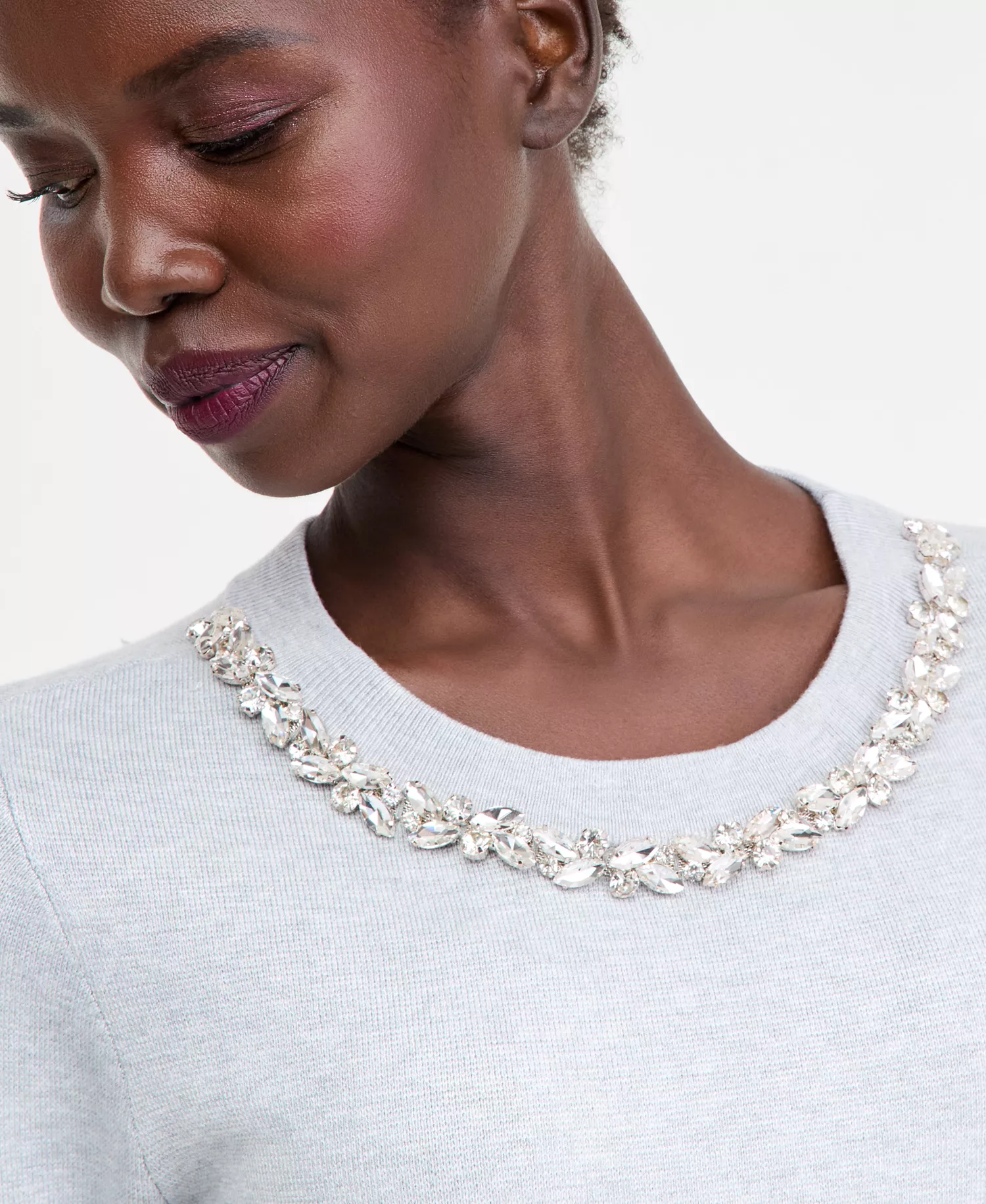 Women's Short-Sleeve Embellished-Neck Sweater, Macy's Exclusive - Hthr Belle - M