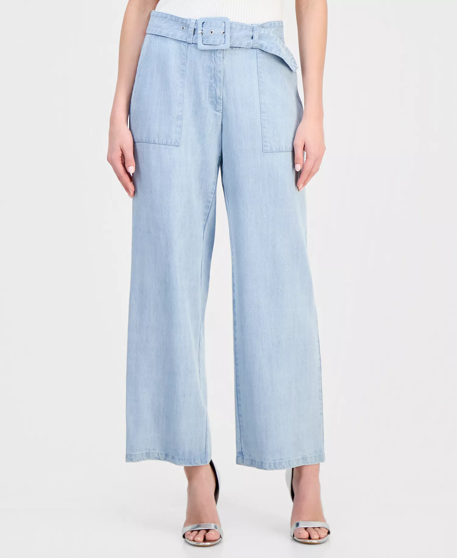Women's Belted Wide-Leg Pants - Light Wash - 10