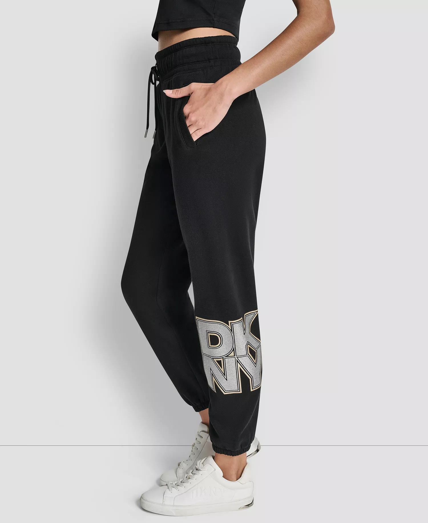Women's Mixed Metal Stacked Glitter Logo Jogger - Black - L