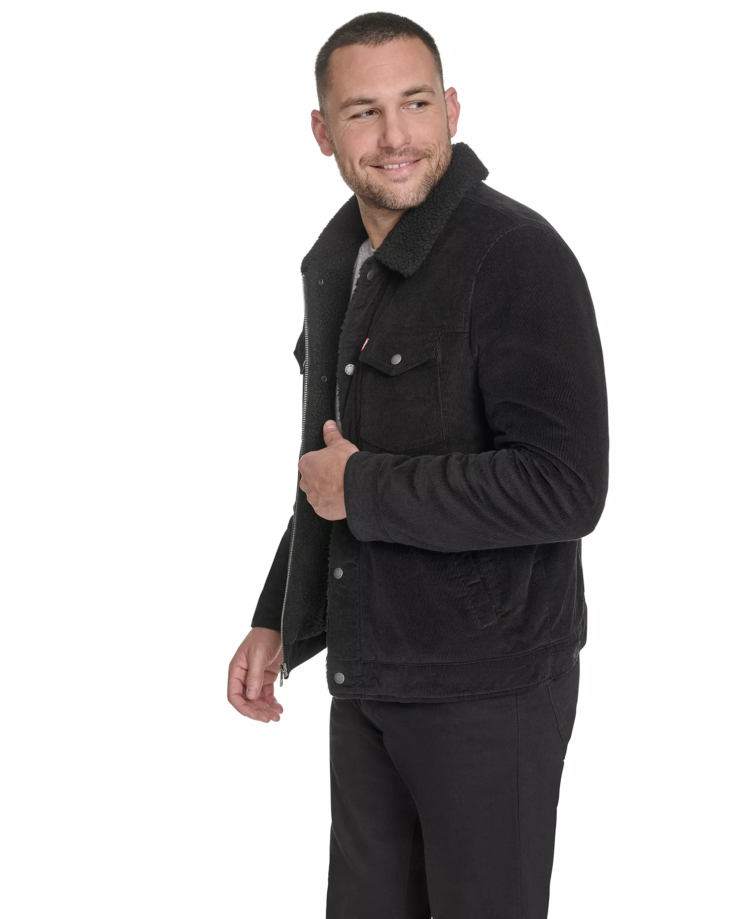 Men's Corduroy Trucker with Sherpa Collar Jacket - Black - L