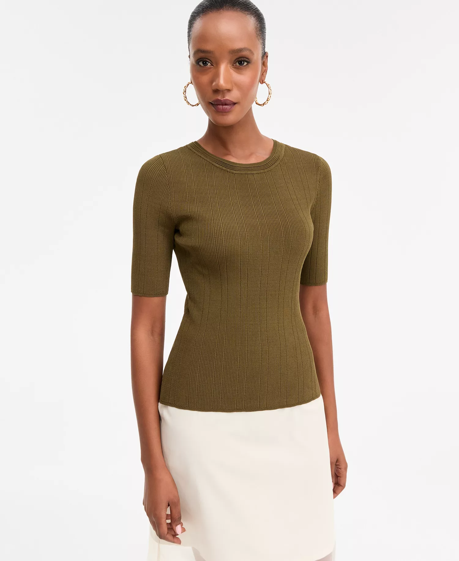 Women's Rib-Knit Crewneck Sweater, Macy's Exclusive  - Dark Olive - M