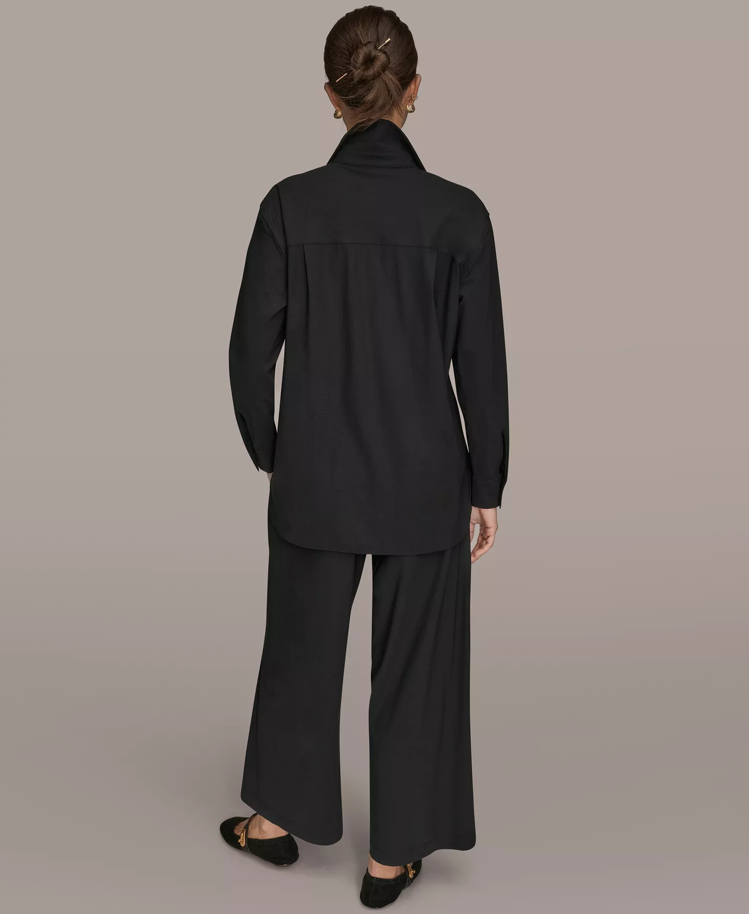 Women's Tricot Knit Long Sleeve Button-Down Shirt - Black - L