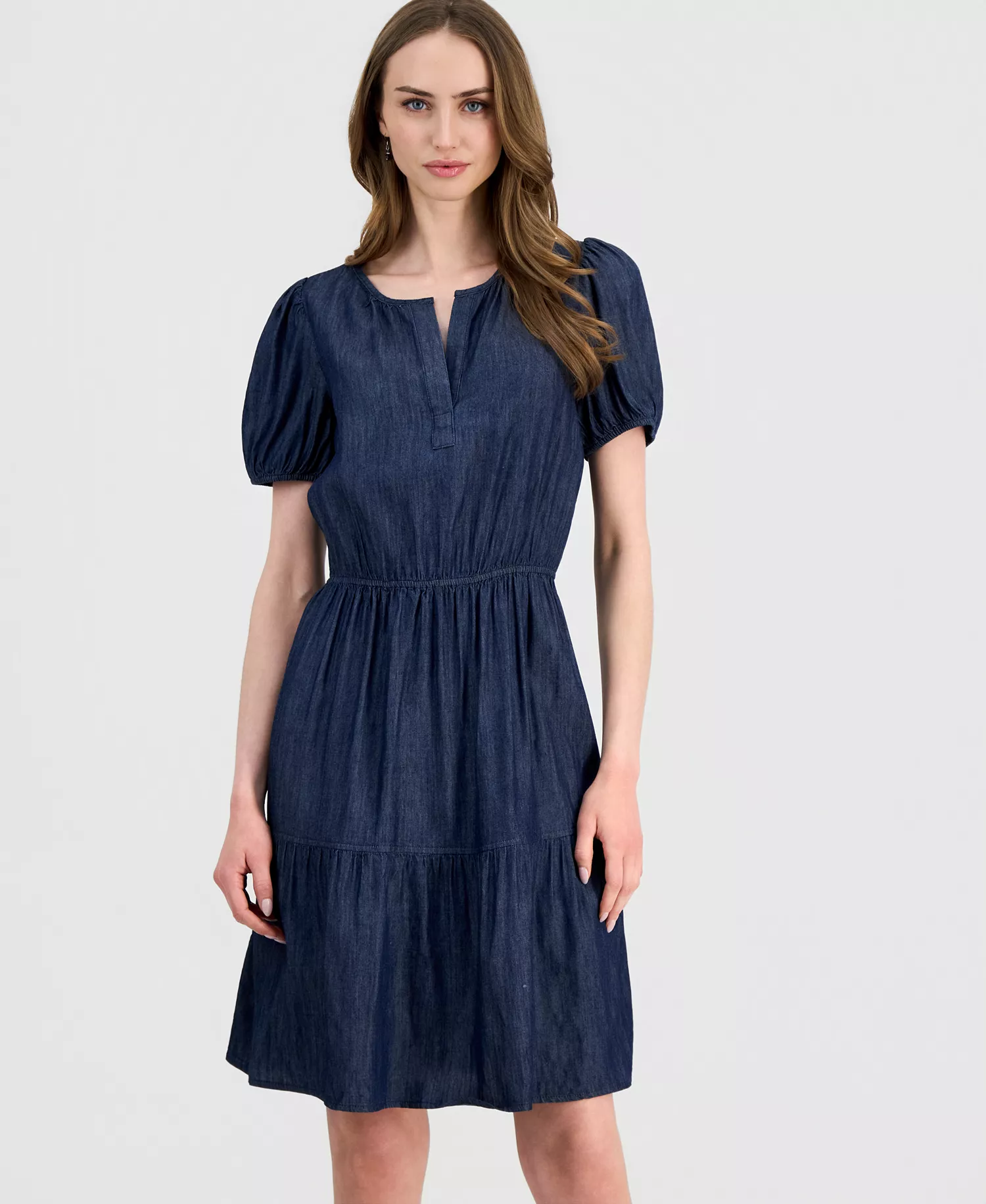 Jeans Women's Chambray Puff-Sleeve Tiered Dress - Dark Azure - L