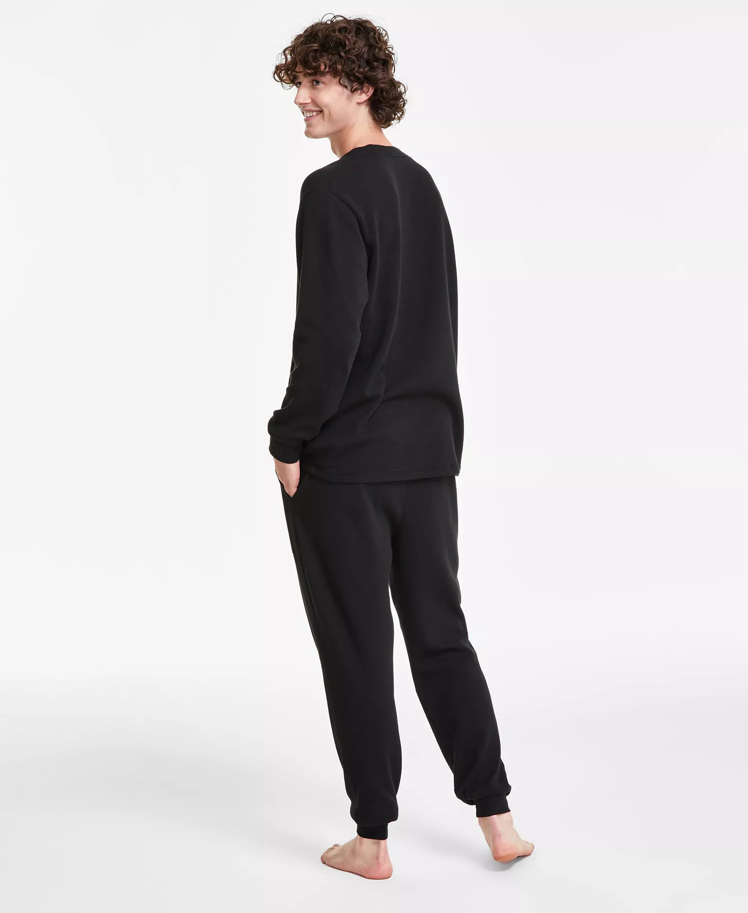 Men's Thermal Sleep Waffle Hoodie, Straight-Fit Knit Joggers & Large Croc Thermal Sleep Shirt - Black - 2XL