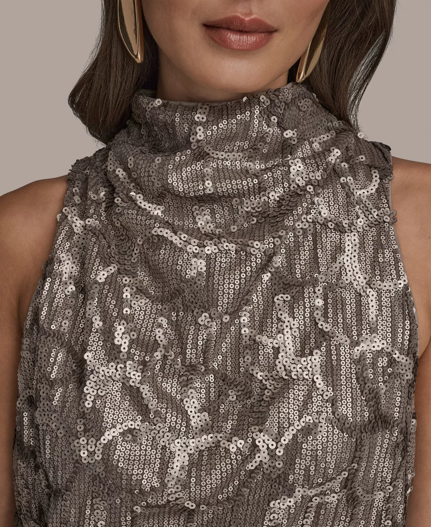 Women's Sequined Cowl Neck Top - Antique Silver - L