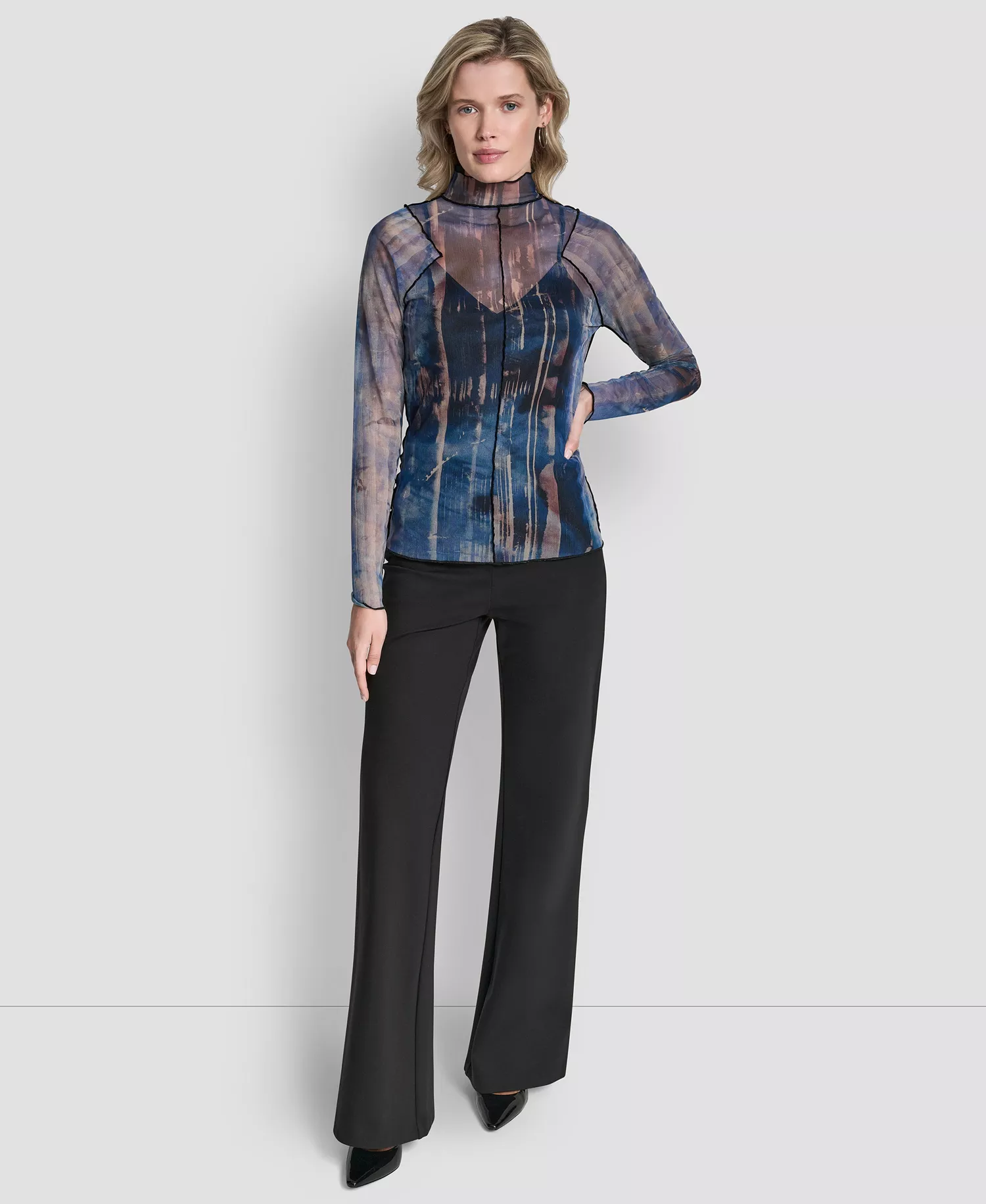 Women's Long-Sleeve Exposed Seam Mesh Top with Sleeveless Camisole - Hudson Lights - L