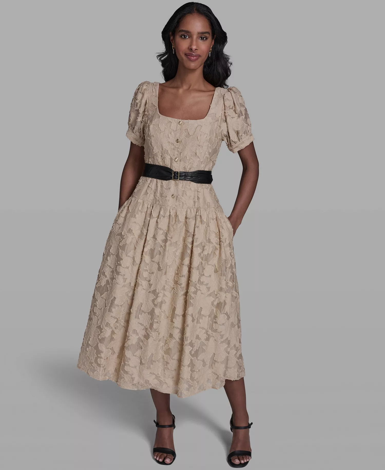 Women's Burnout Square Neck Belt Dress - French Beige - 0