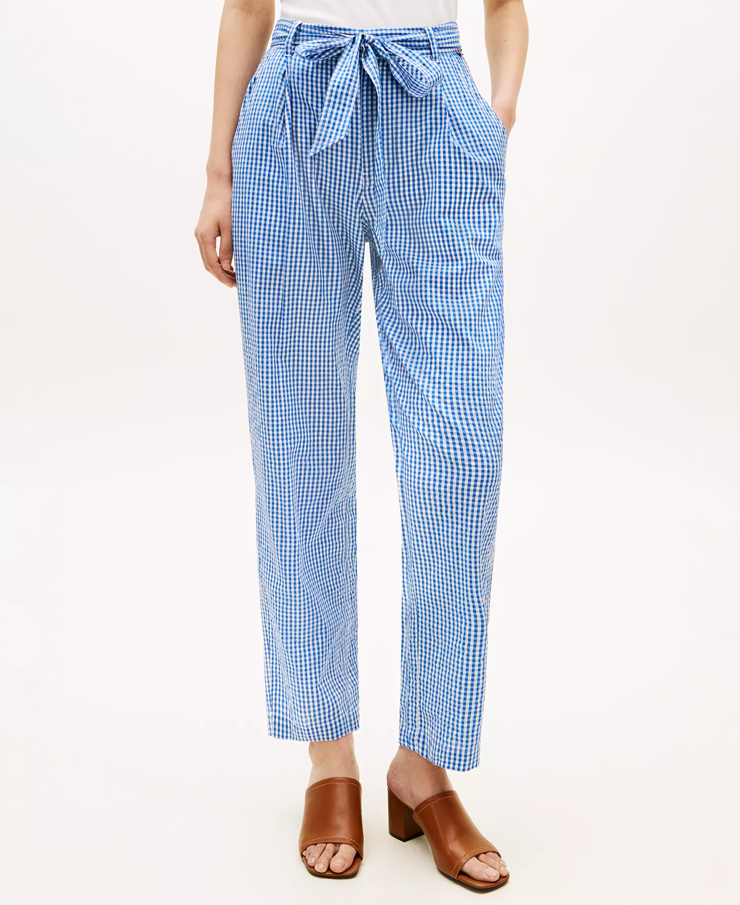 Women's Gingham Belted Tapered Pants - Blue Orbit - L