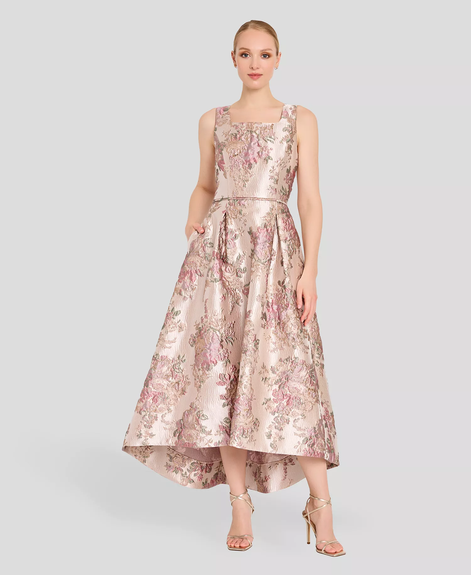 Women's Metallic Jacquard High-Low Square Neck Dress - Petal - 10