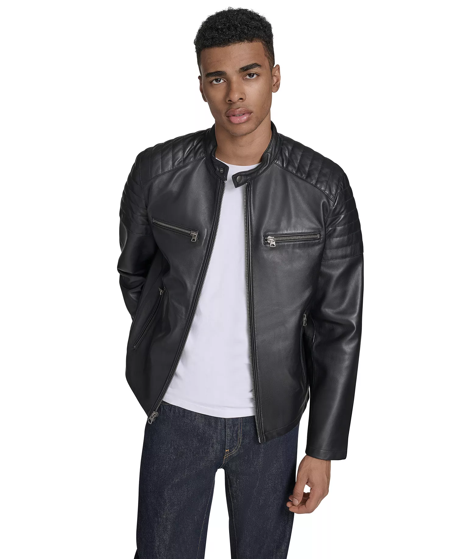 Men's Leather Racer Jacket - Black - 2XL